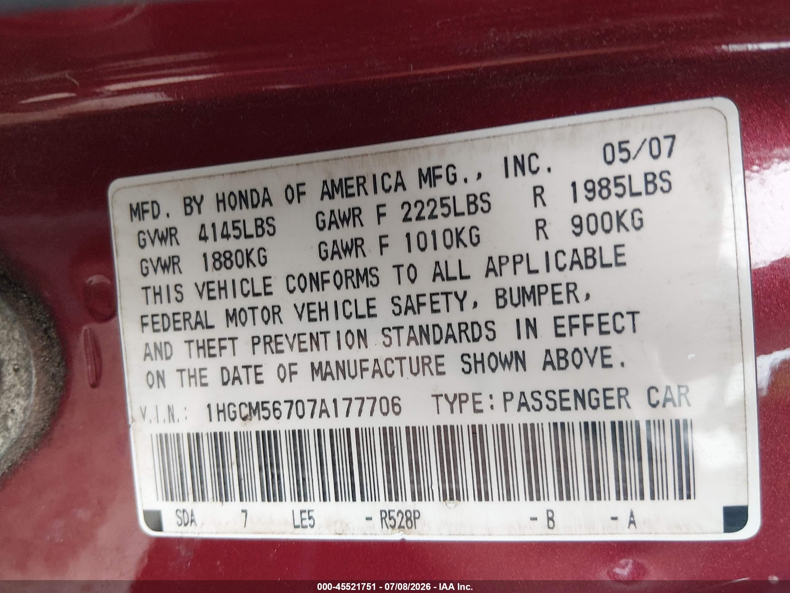 2007 Honda Accord 2.4 Ex Red vin: 1HGCM56707A177706
