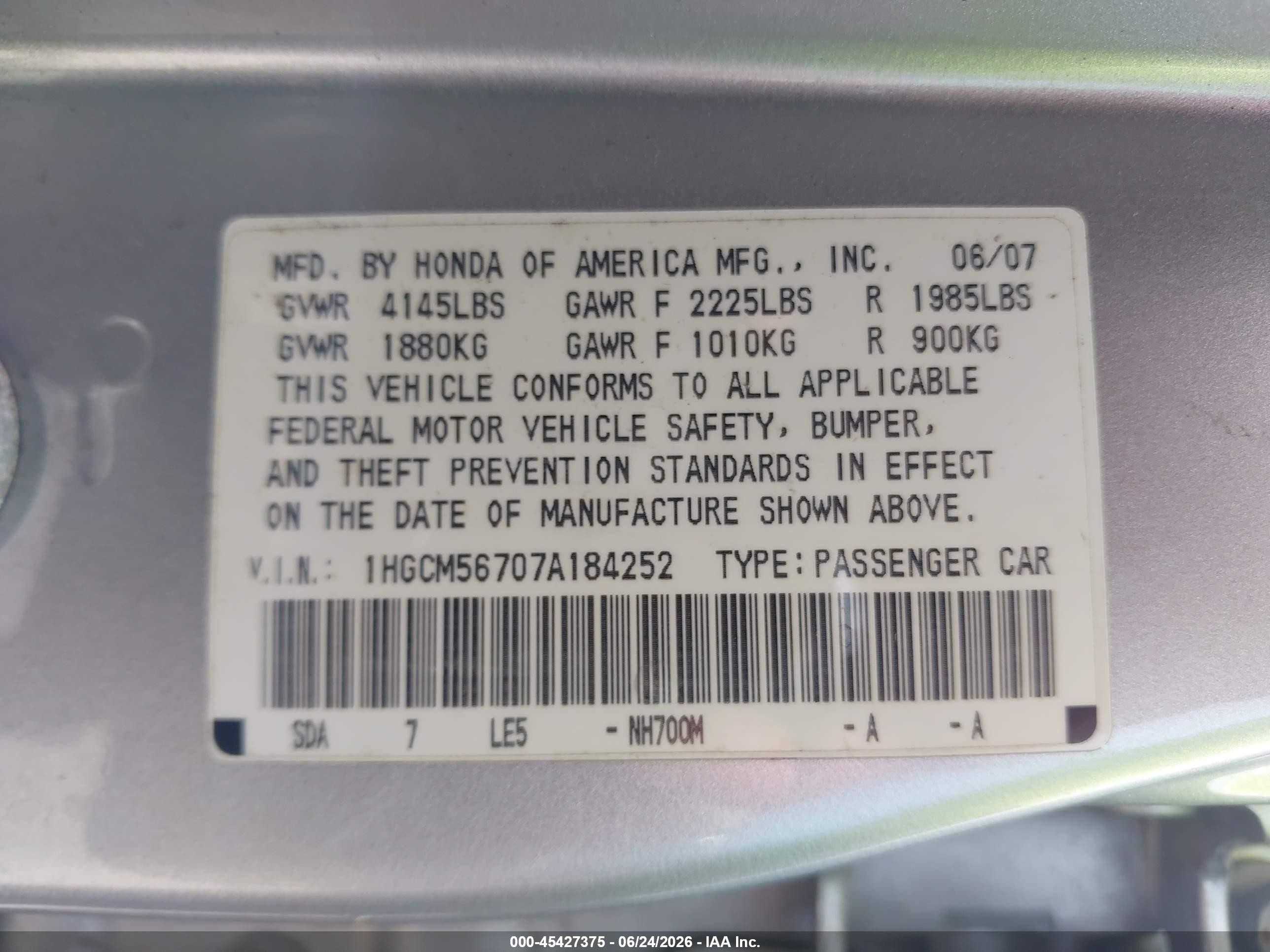2007 Honda Accord 2.4 Ex Silver vin: 1HGCM56707A184252