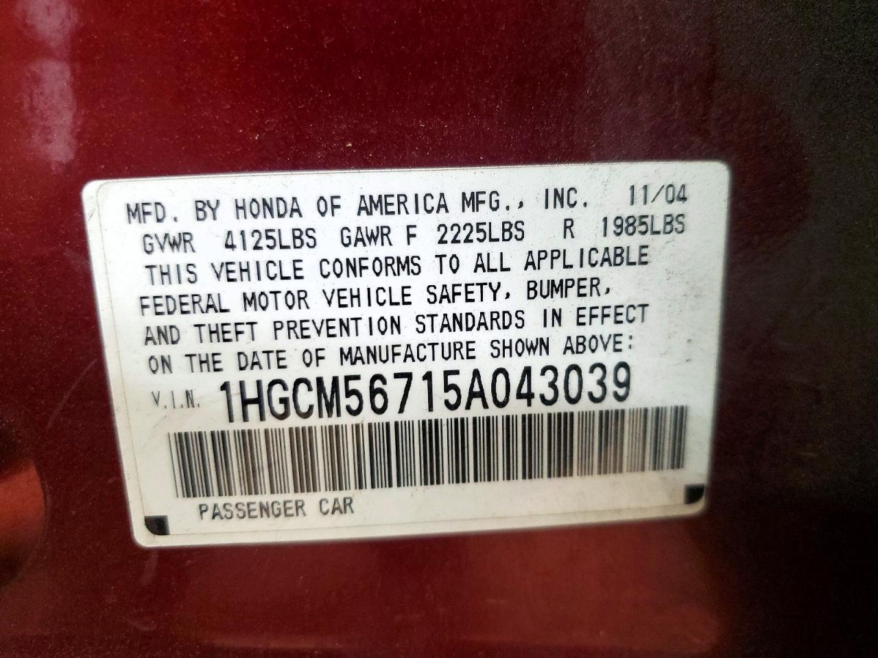 2005 Honda Accord Ex Burgundy vin: 1HGCM56715A043039