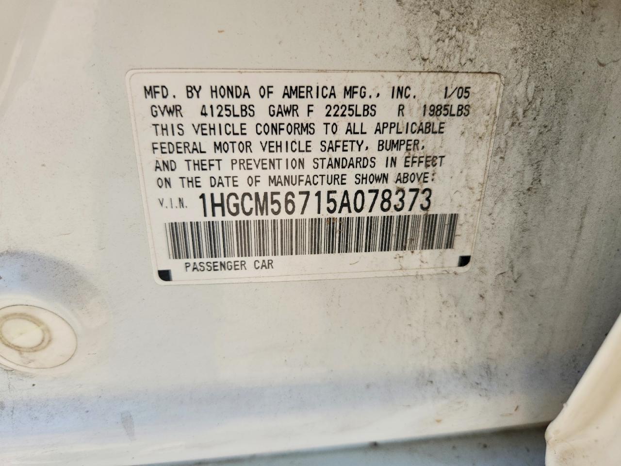 2005 Honda Accord Ex White vin: 1HGCM56715A078373