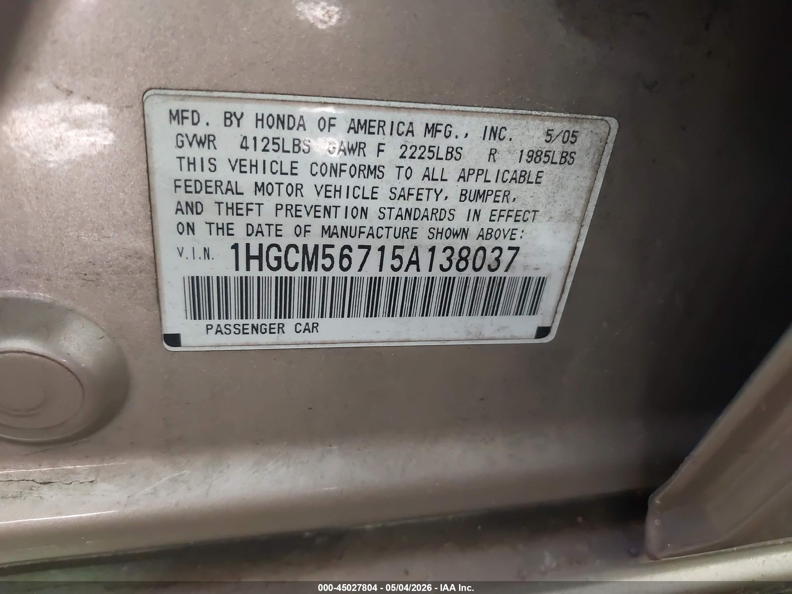2005 Honda Accord 2.4 Ex Beige vin: 1HGCM56715A138037
