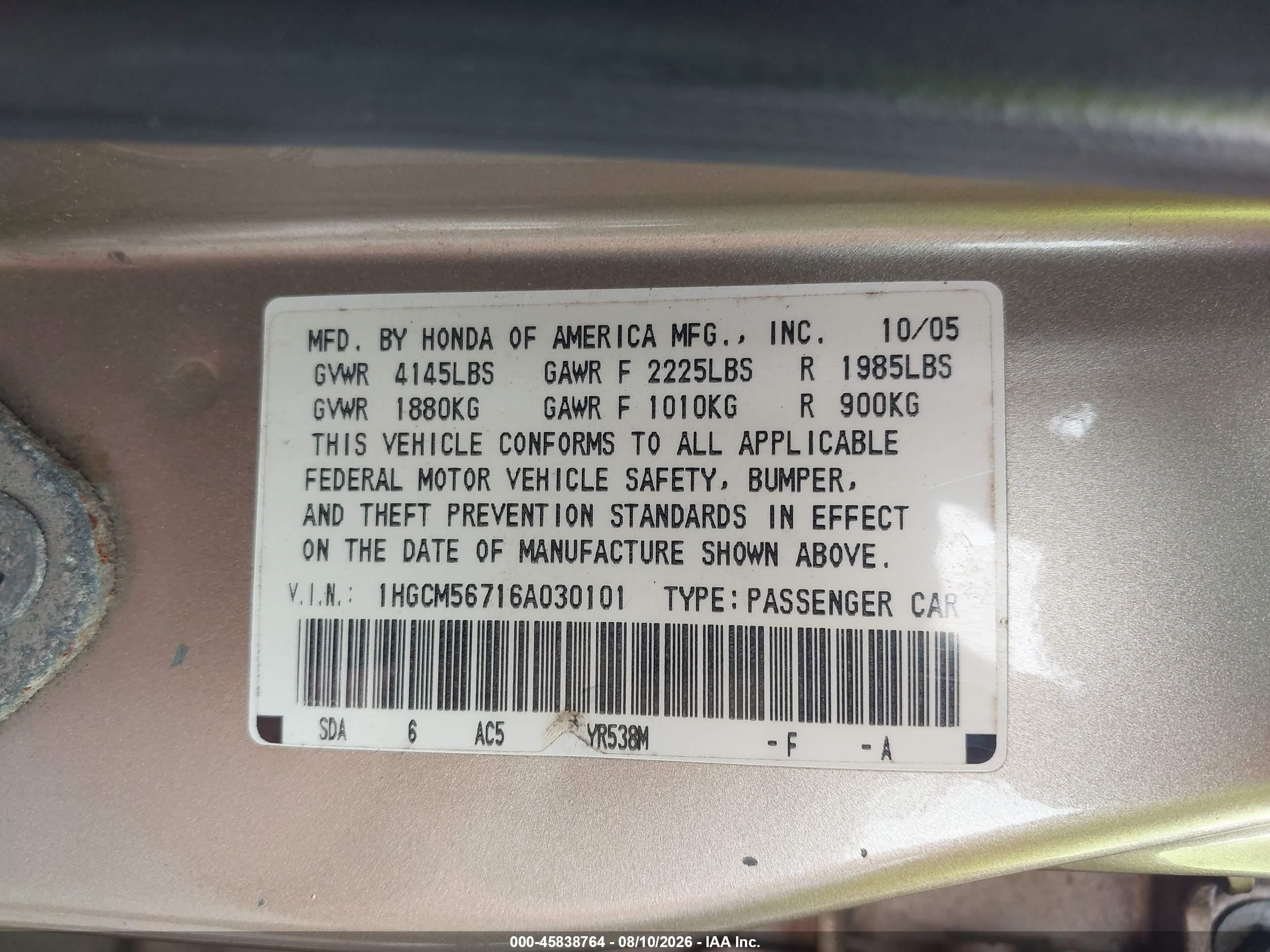 2006 Honda Accord 2.4 Ex Золотой vin: 1HGCM56716A030101