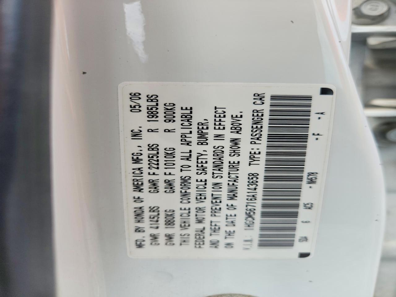 2006 Honda Accord Ex White vin: 1HGCM56716A143658