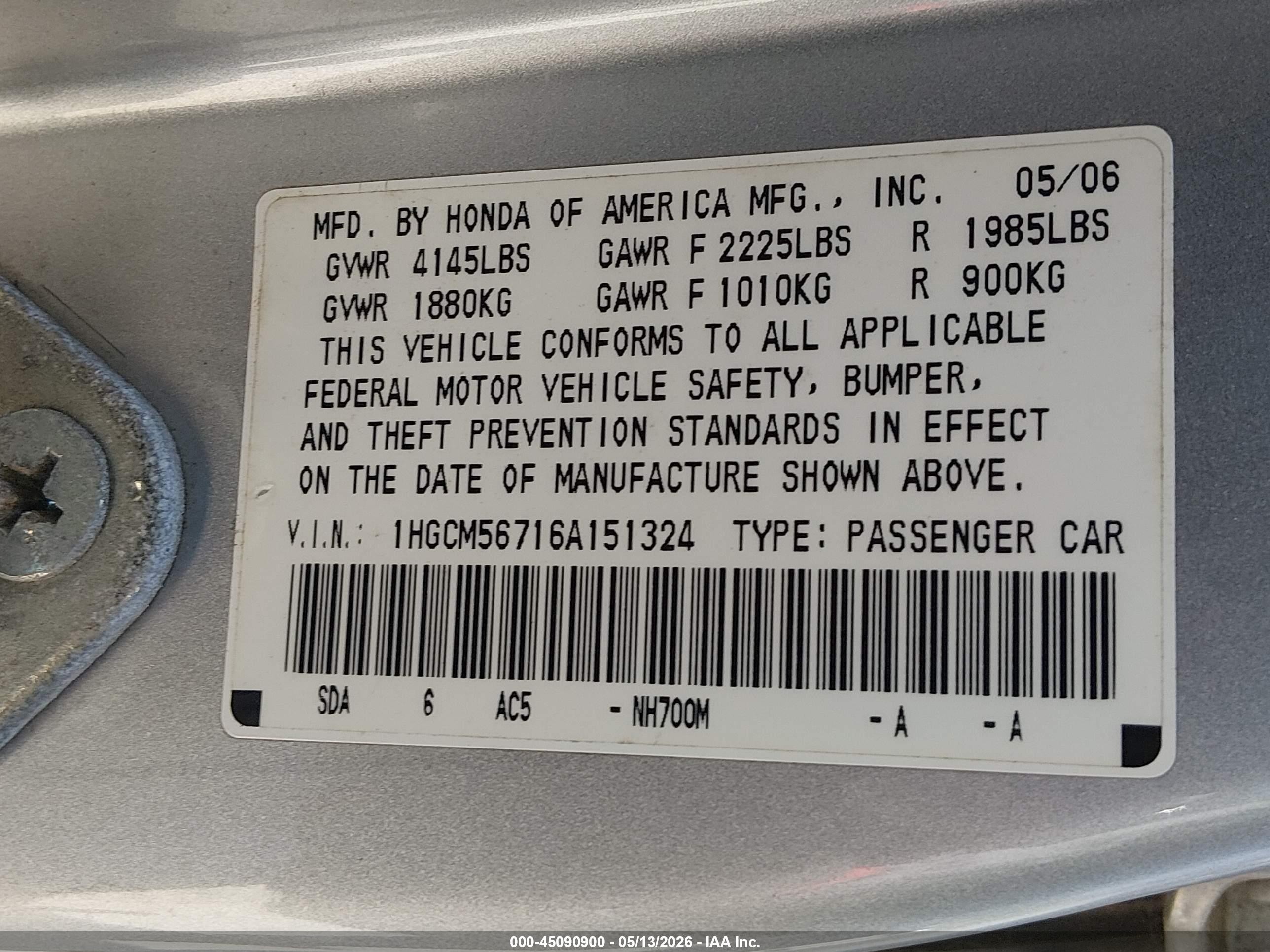2006 Honda Accord 2.4 Ex Silver vin: 1HGCM56716A151324