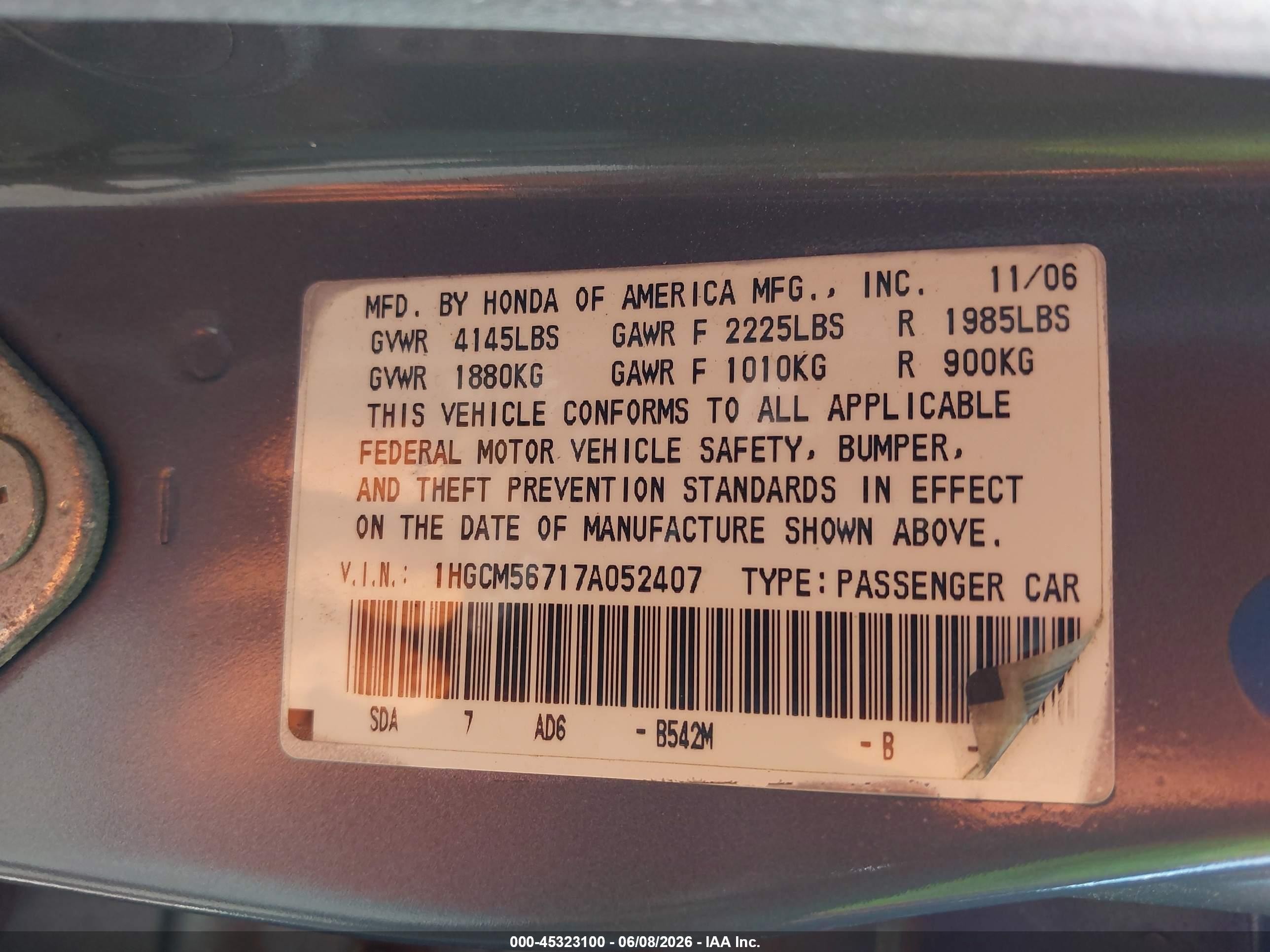 2007 Honda Accord 2.4 Ex Gray vin: 1HGCM56717A052407