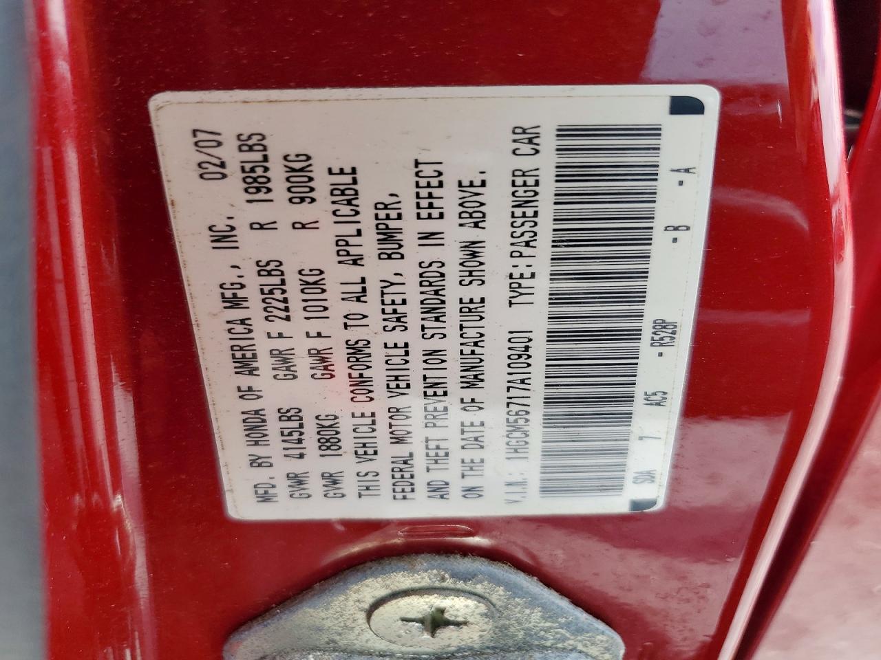 2007 Honda Accord Ex Red vin: 1HGCM56717A109401