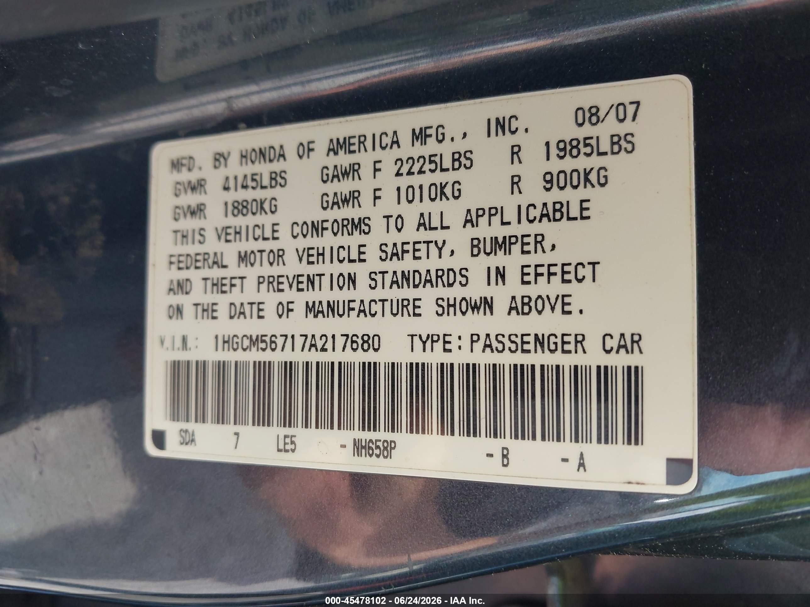 2007 Honda Accord 2.4 Ex Gray vin: 1HGCM56717A217680