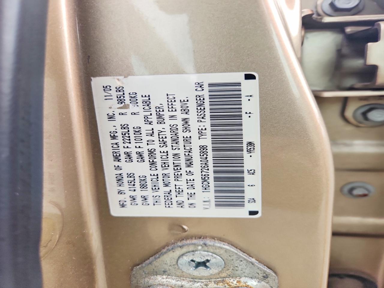 2006 Honda Accord Ex Gold vin: 1HGCM56726A045898