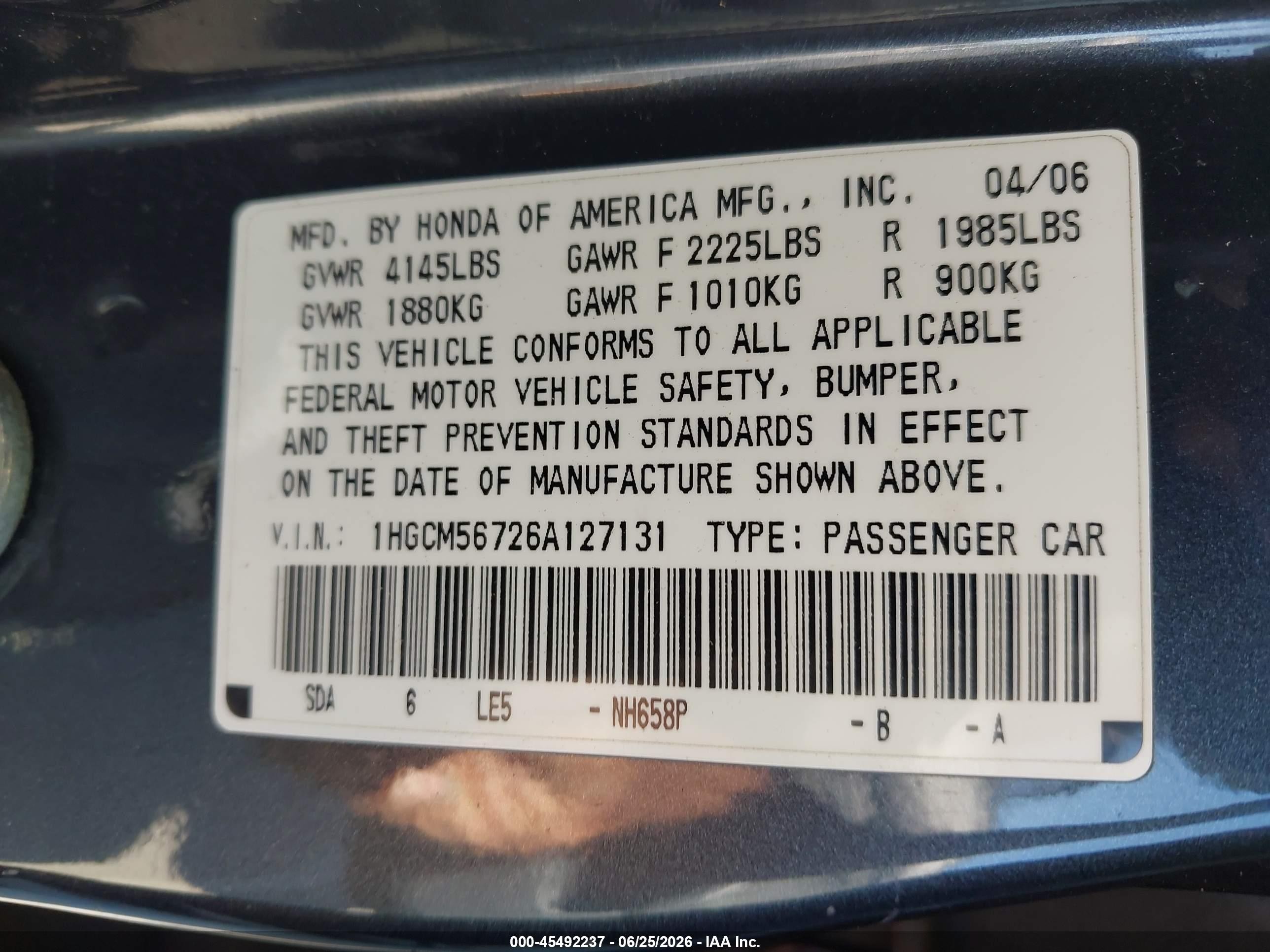 2006 Honda Accord 2.4 Ex Gray vin: 1HGCM56726A127131