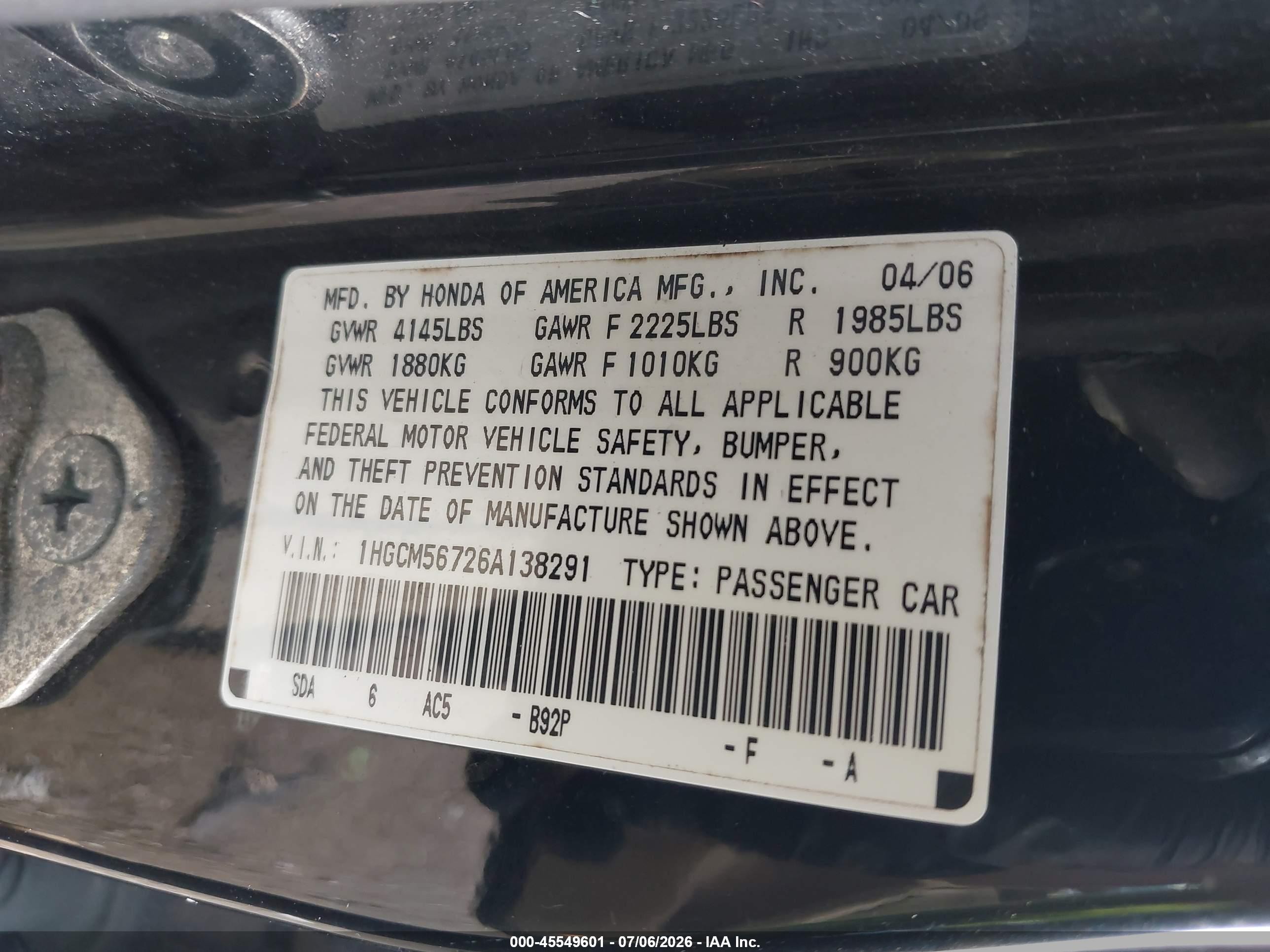 2006 Honda Accord 2.4 Ex Черный vin: 1HGCM56726A138291