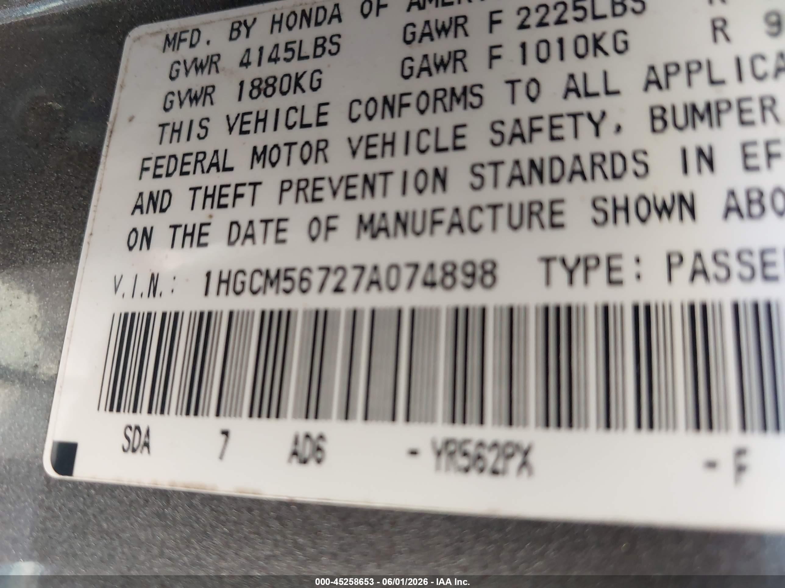 2007 Honda Accord 2.4 Ex Gray vin: 1HGCM56727A074898