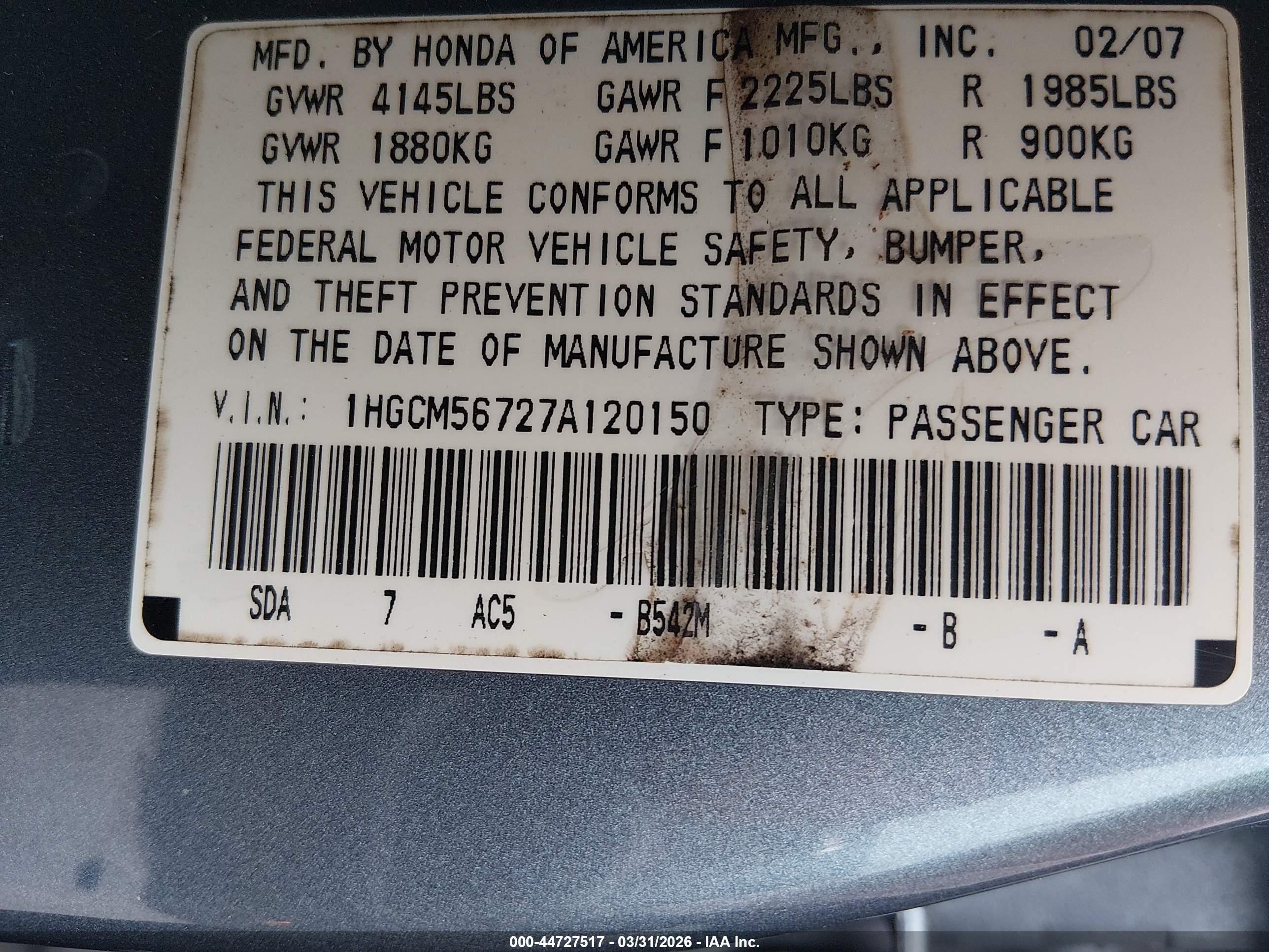 2007 Honda Accord 2.4 Ex Blue vin: 1HGCM56727A120150