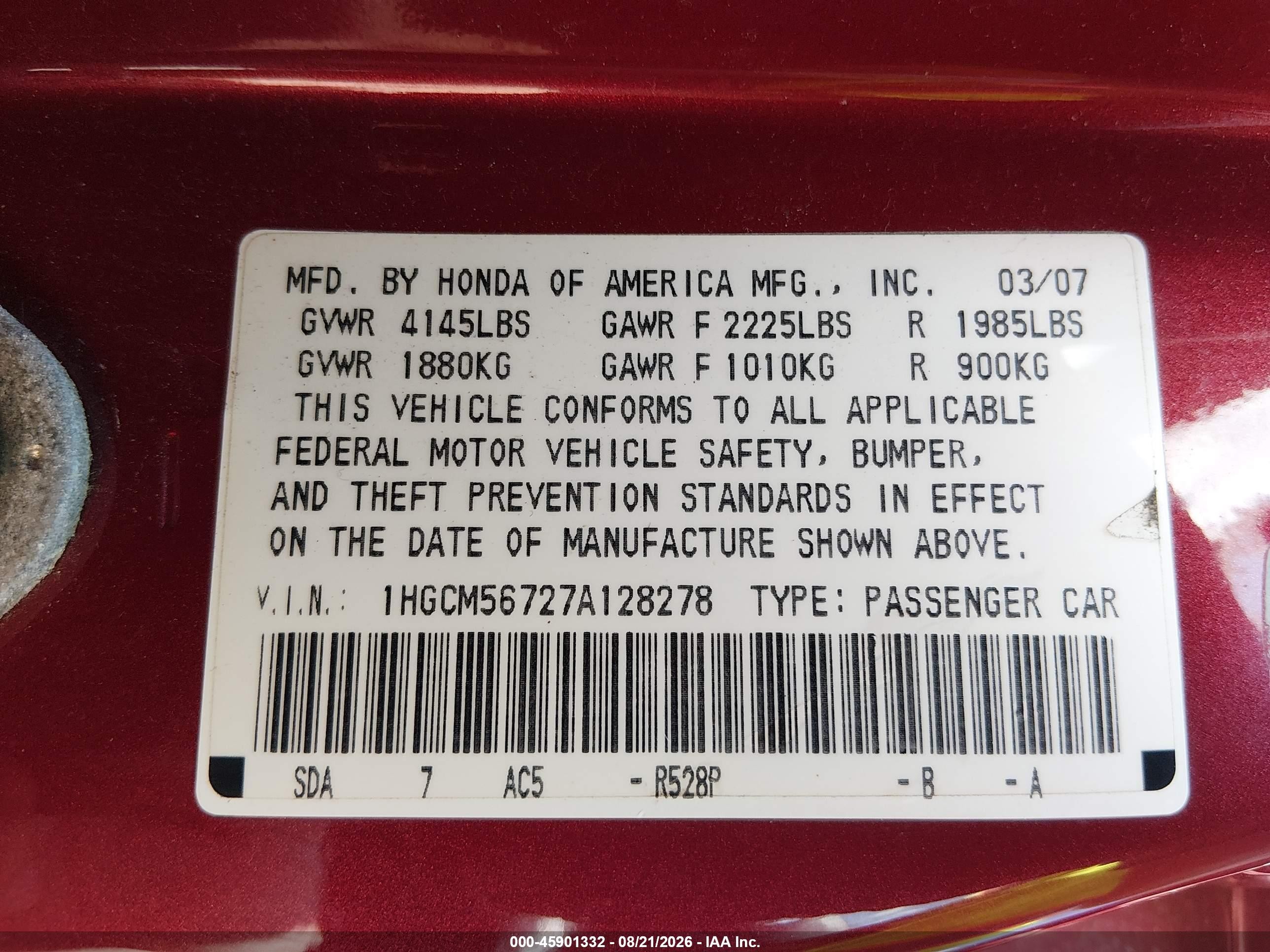 2007 Honda Accord 2.4 Ex Red vin: 1HGCM56727A128278