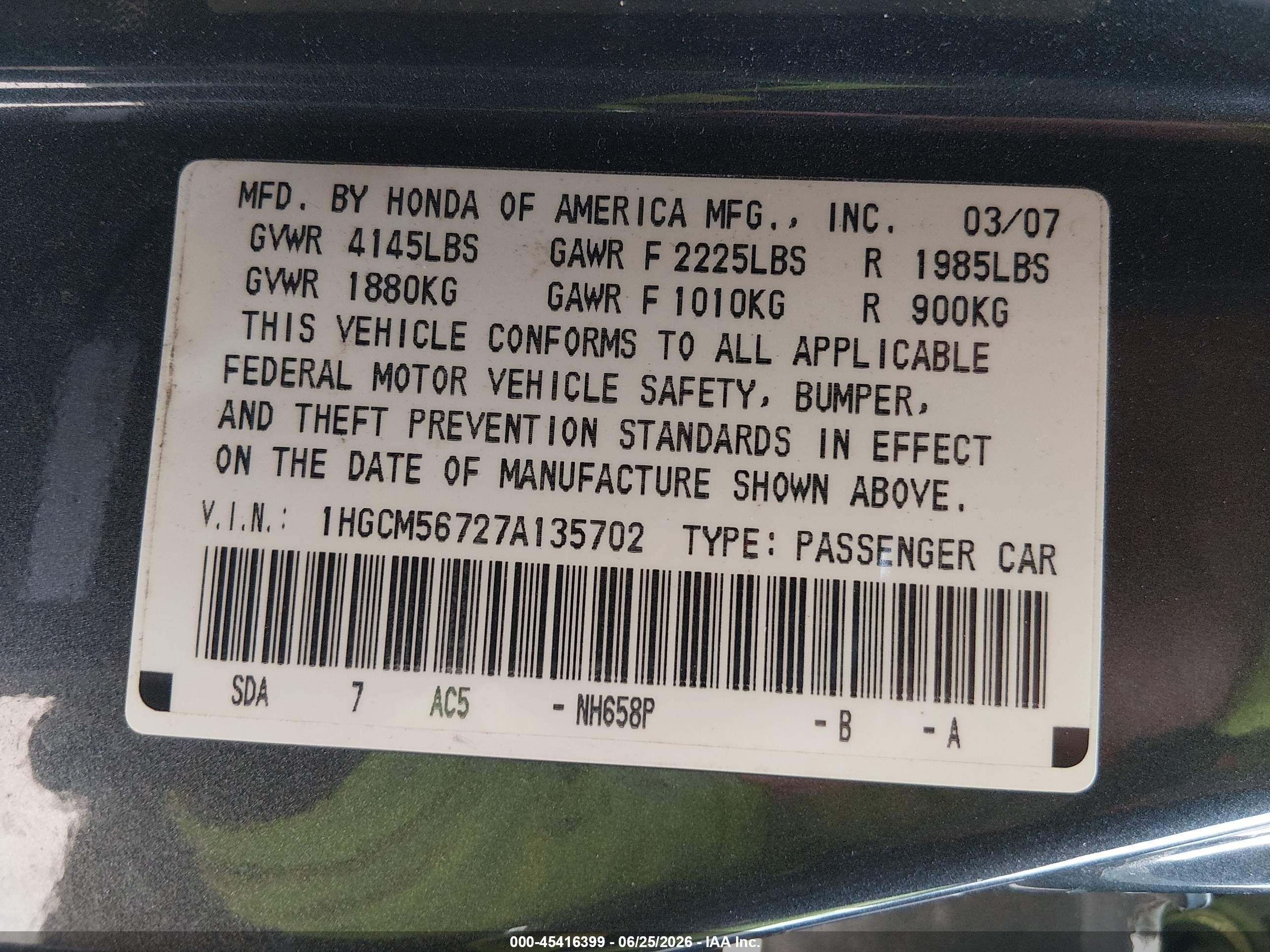 2007 Honda Accord 2.4 Ex Gray vin: 1HGCM56727A135702