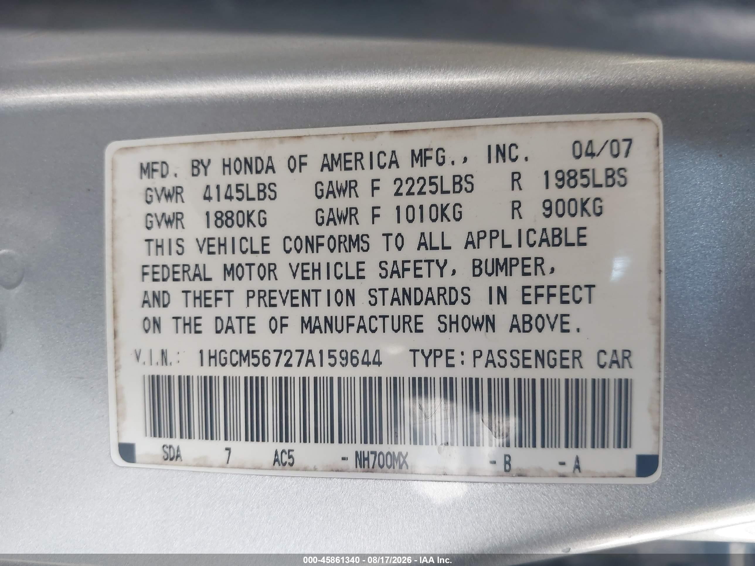2007 Honda Accord 2.4 Ex Silver vin: 1HGCM56727A159644