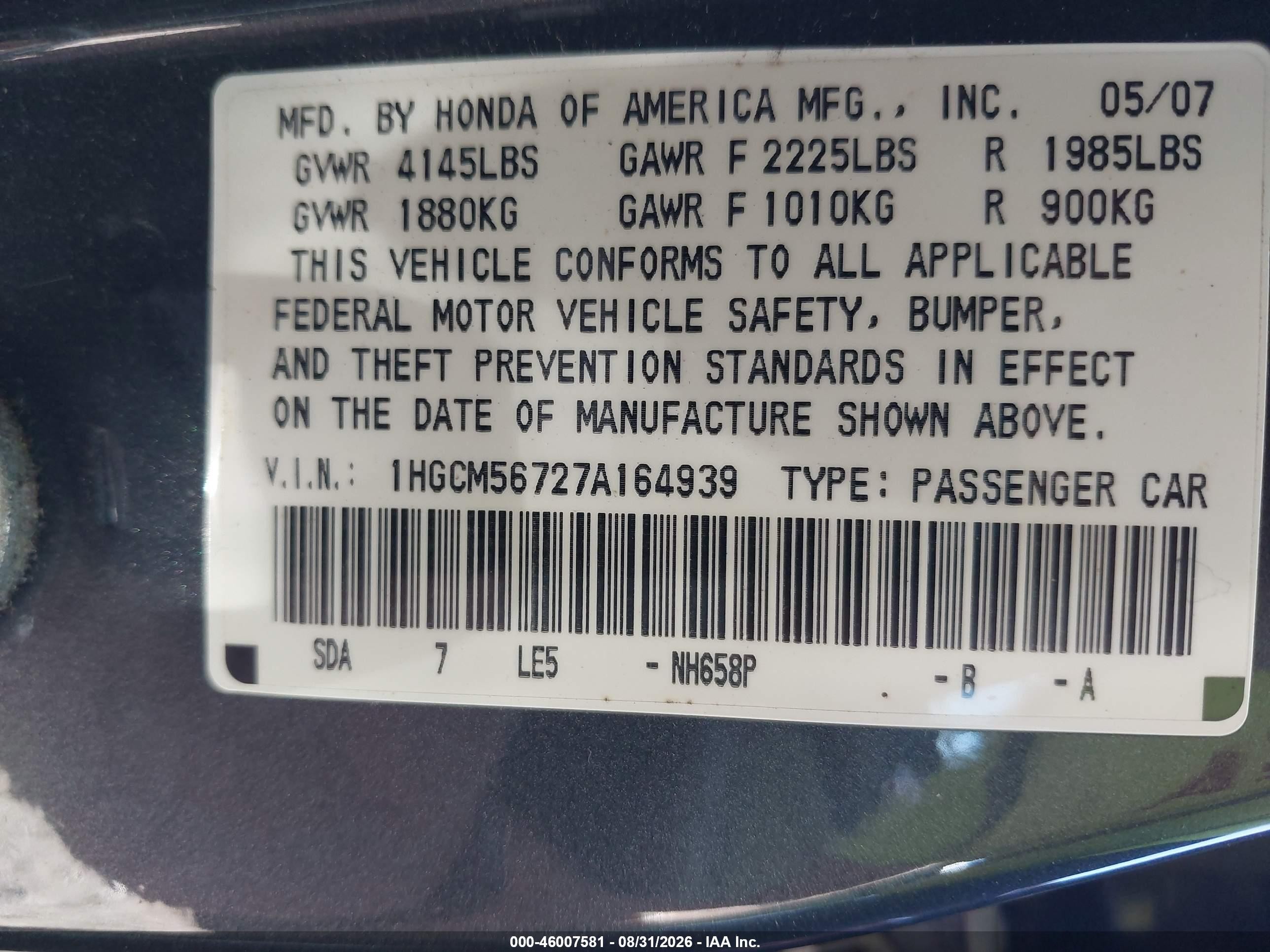 2007 Honda Accord 2.4 Ex Dark Blue vin: 1HGCM56727A164939
