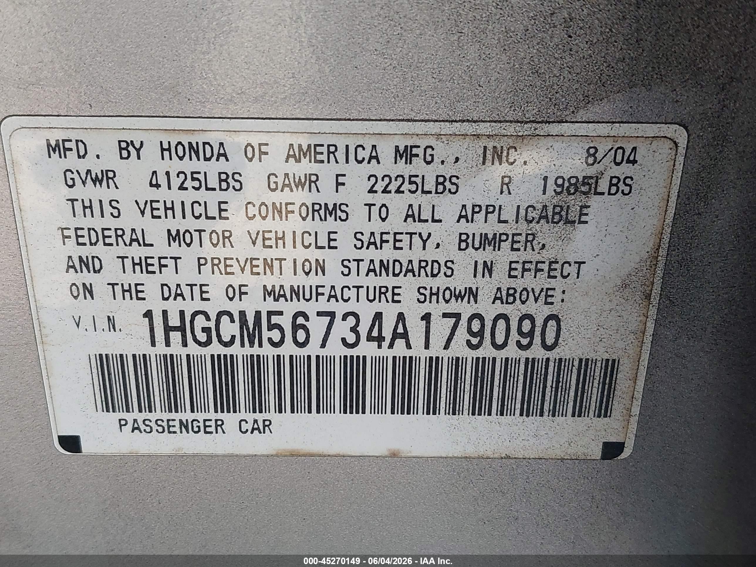 2004 Honda Accord 2.4 Ex Silver vin: 1HGCM56734A179090
