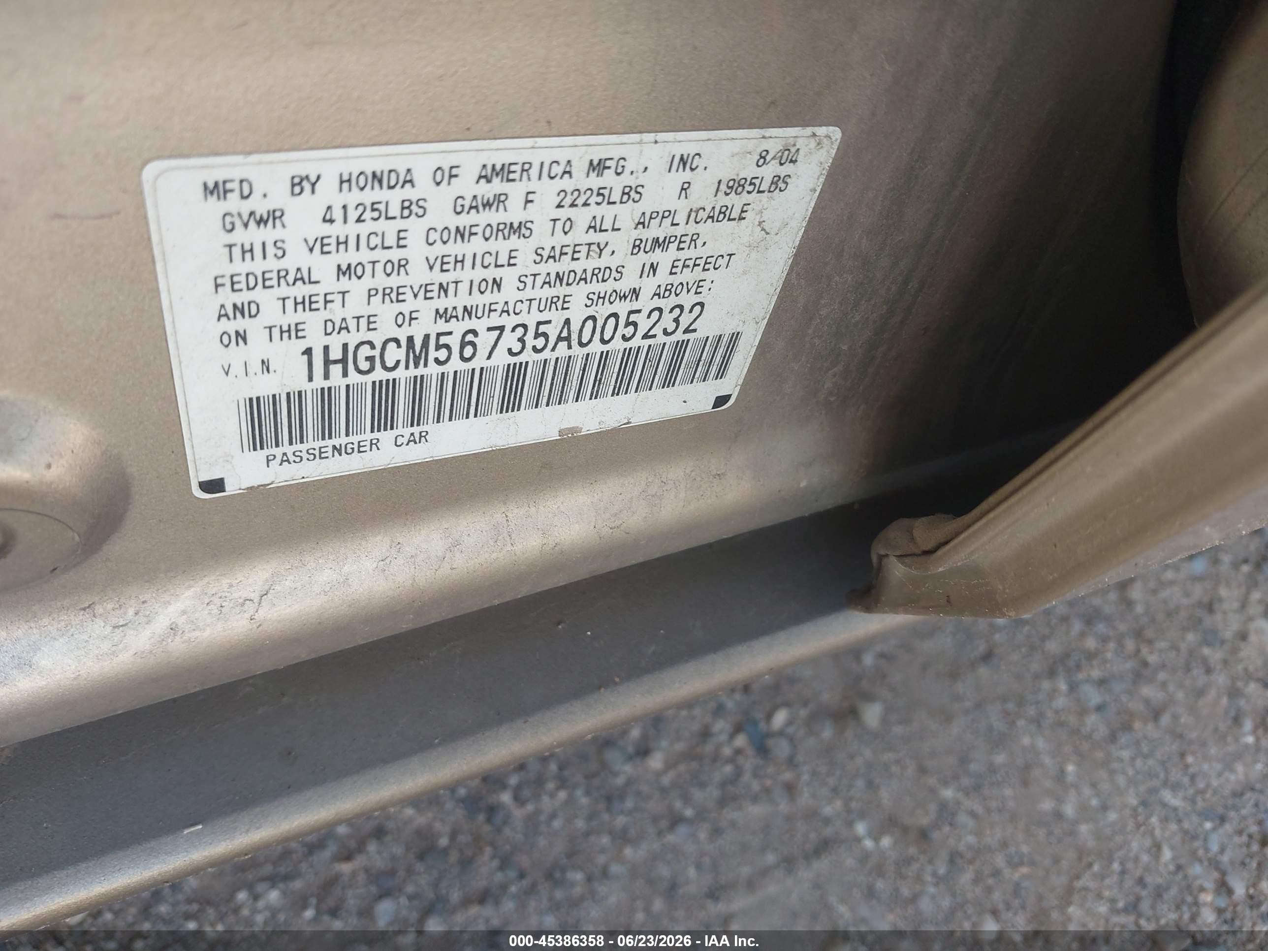 2005 Honda Accord 2.4 Ex Champagne vin: 1HGCM56735A005232
