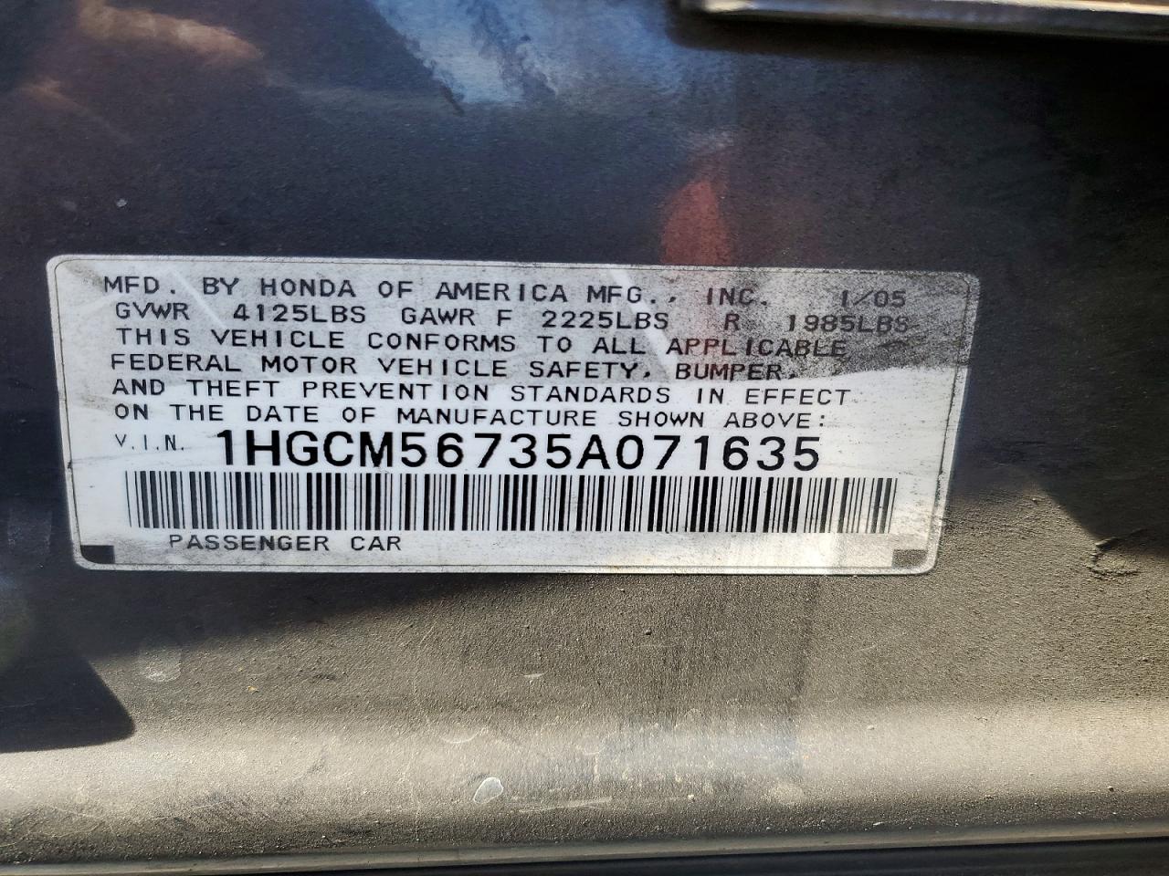 2005 Honda Accord Ex Серый vin: 1HGCM56735A071635
