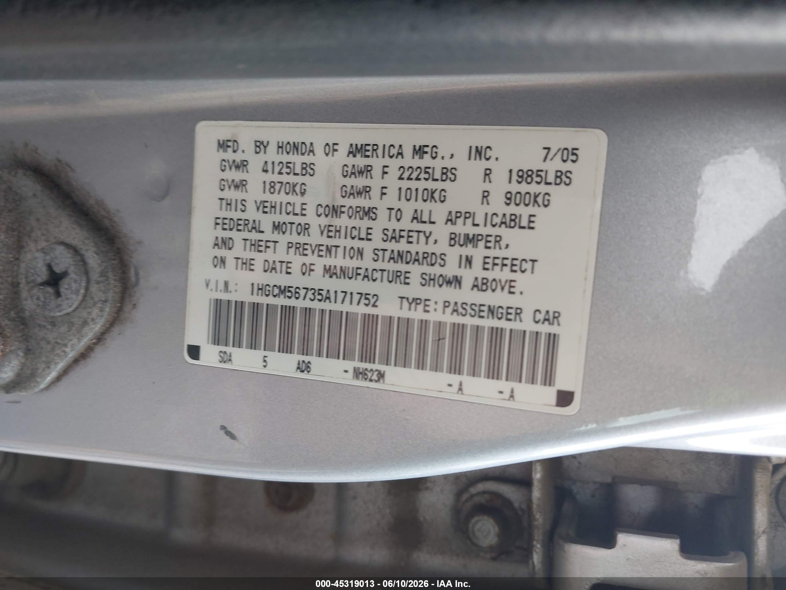 2005 Honda Accord 2.4 Ex Silver vin: 1HGCM56735A171752