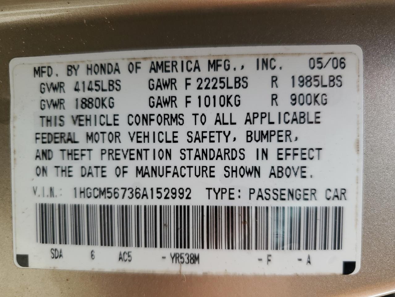 2006 Honda Accord Ex Gold vin: 1HGCM56736A152992