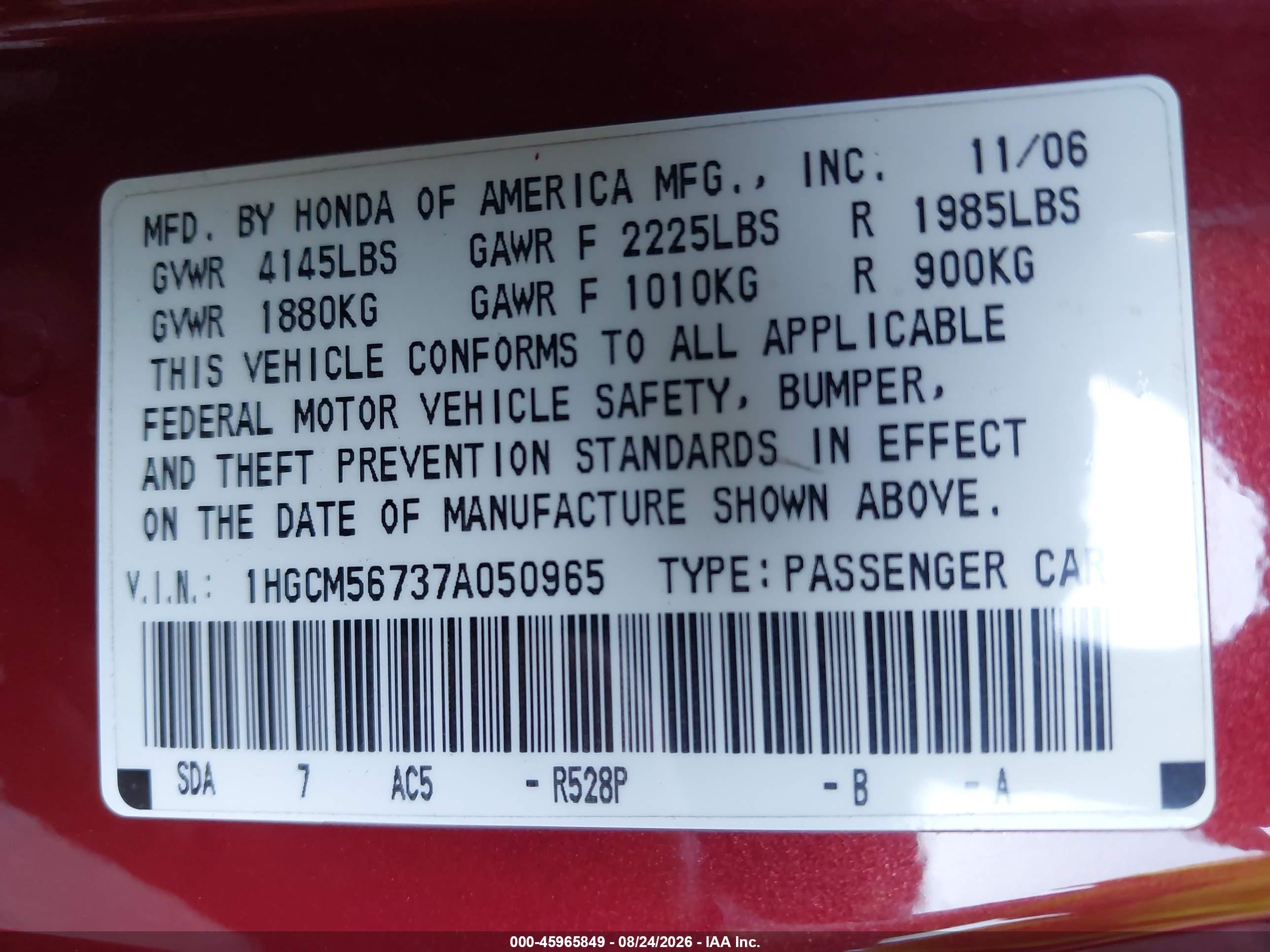 2007 Honda Accord 2.4 Ex Burgundy vin: 1HGCM56737A050965