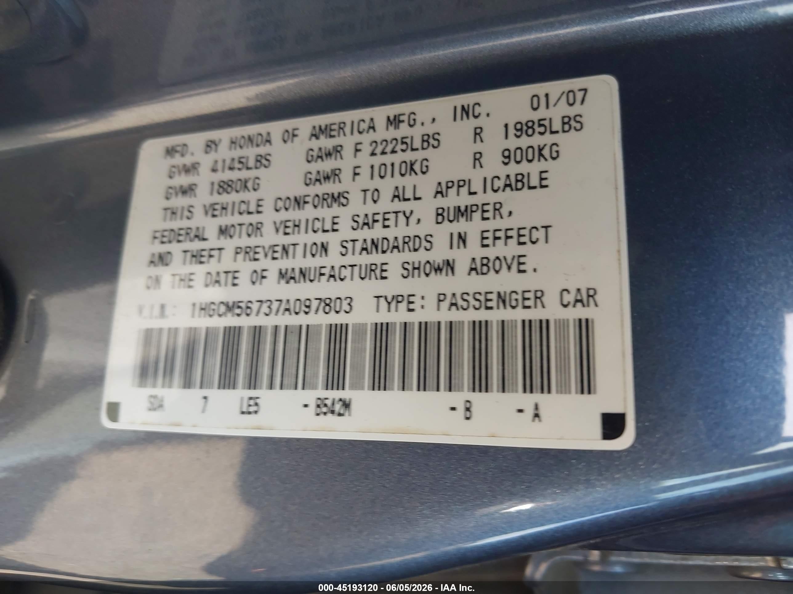 2007 Honda Accord 2.4 Ex Blue vin: 1HGCM56737A097803