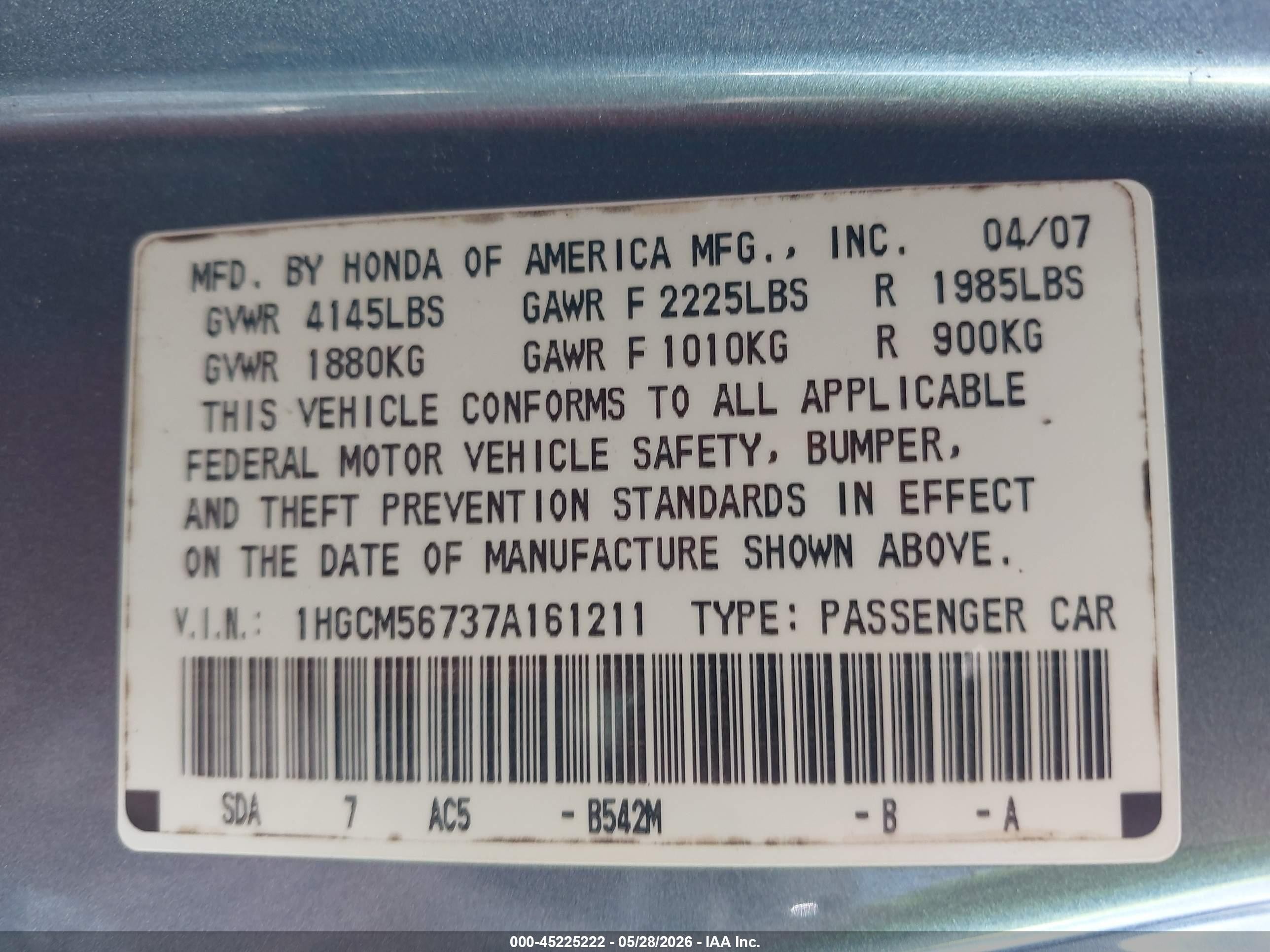 2007 Honda Accord 2.4 Ex Blue vin: 1HGCM56737A161211