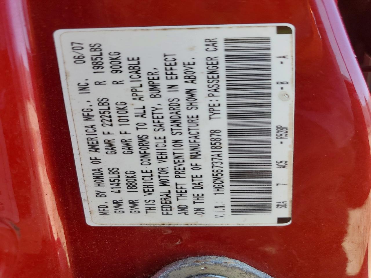 2007 Honda Accord Ex Burgundy vin: 1HGCM56737A185878