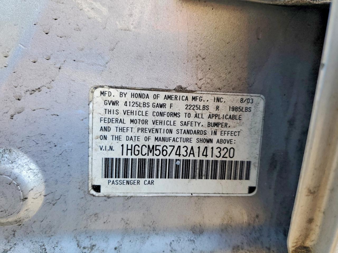2003 Honda Accord Ex Серебряный vin: 1HGCM56743A141320
