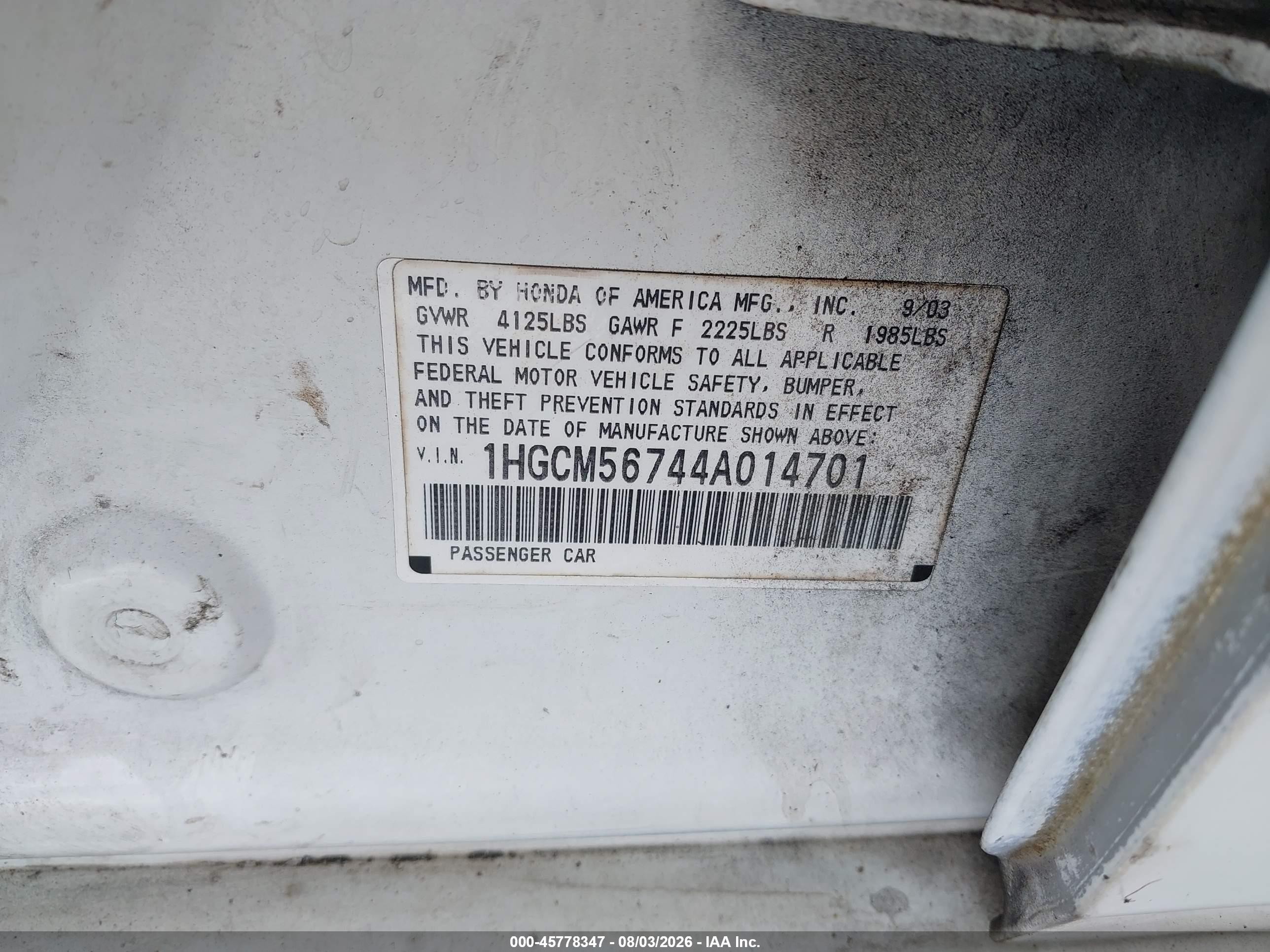 2004 Honda Accord 2.4 Ex White vin: 1HGCM56744A014701
