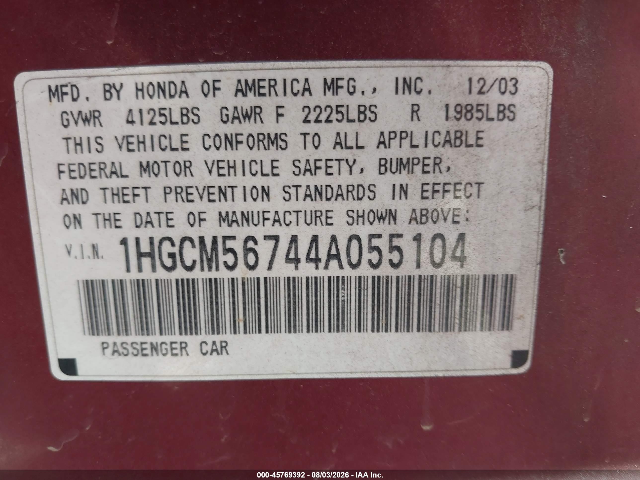 2004 Honda Accord 2.4 Ex Бордовый vin: 1HGCM56744A055104