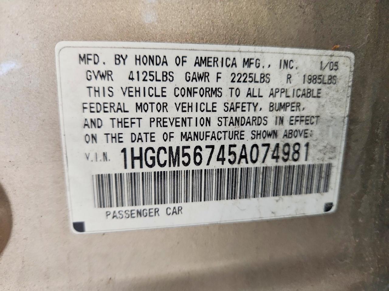 2005 Honda Accord Ex Tan vin: 1HGCM56745A074981