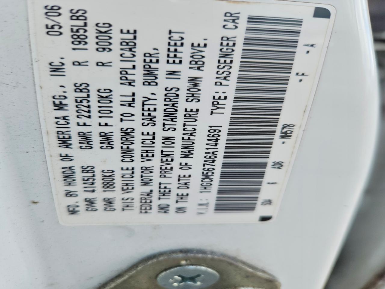 2006 Honda Accord Ex White vin: 1HGCM56746A144691