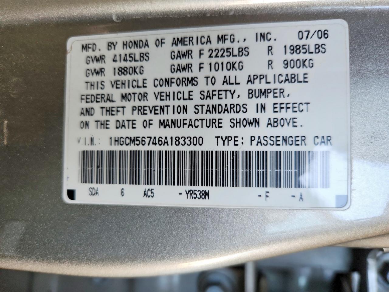2006 Honda Accord Ex Gold vin: 1HGCM56746A183300