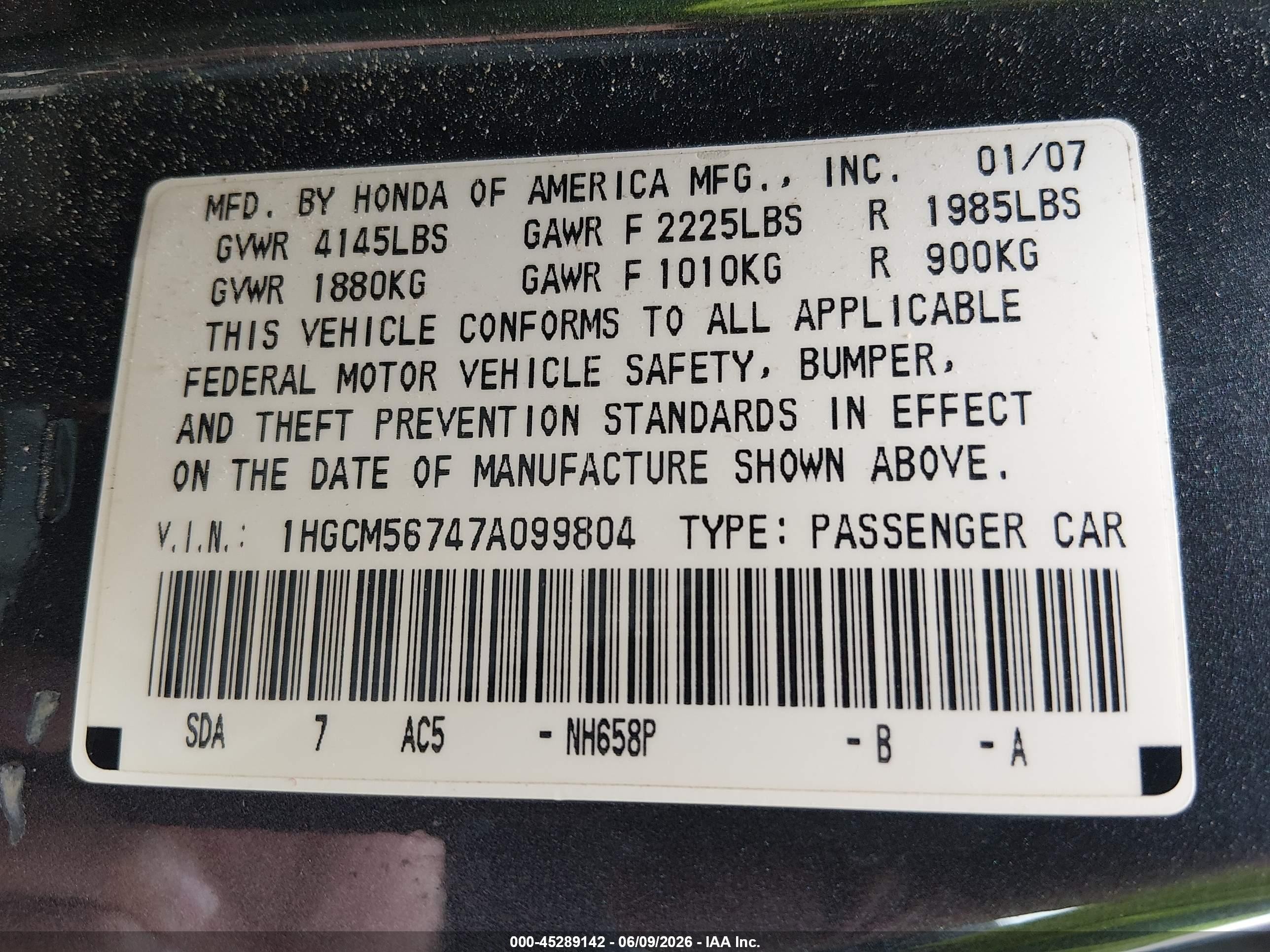 2007 Honda Accord 2.4 Ex Blue vin: 1HGCM56747A099804