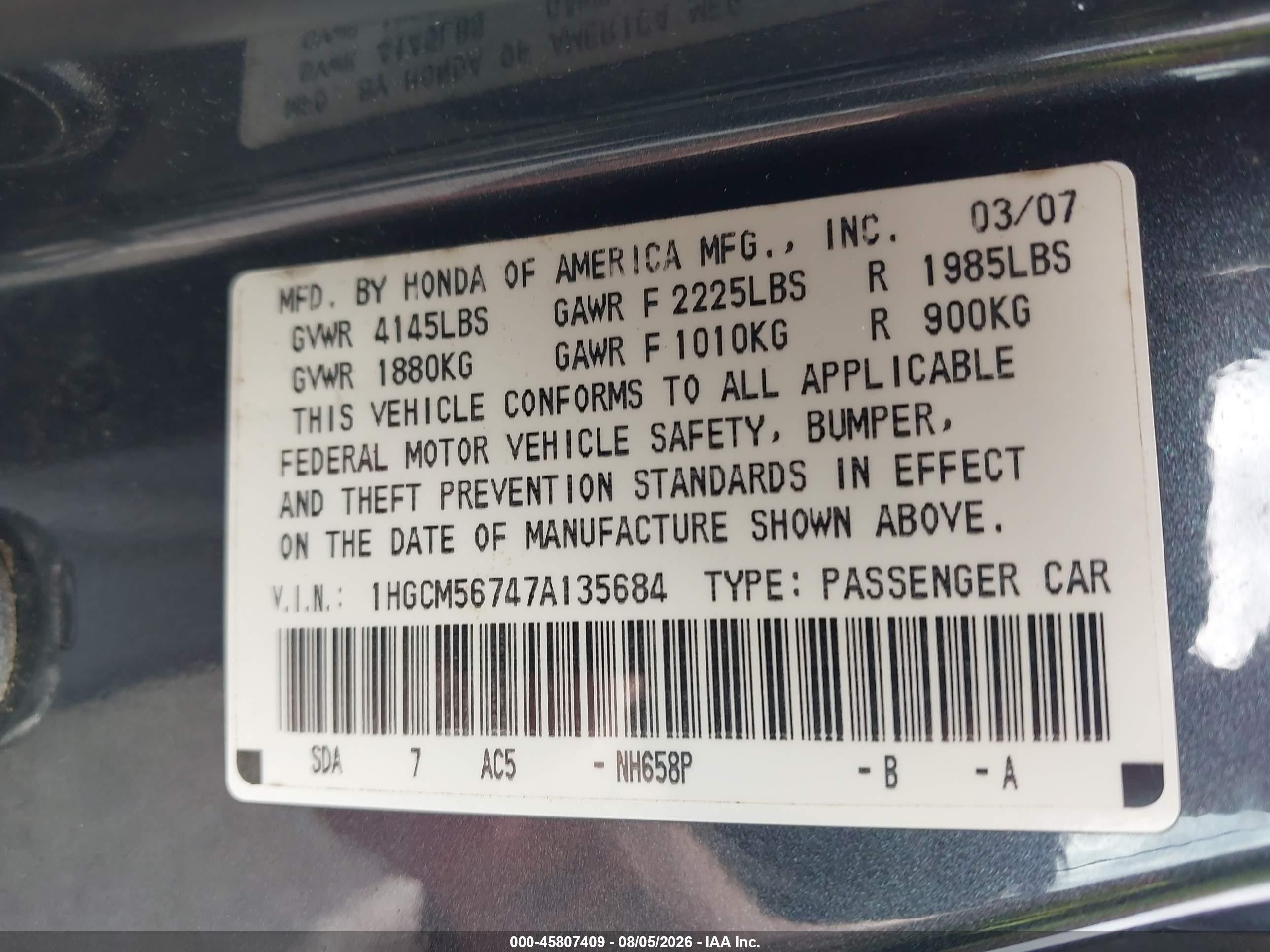 2007 Honda Accord 2.4 Ex Blue vin: 1HGCM56747A135684