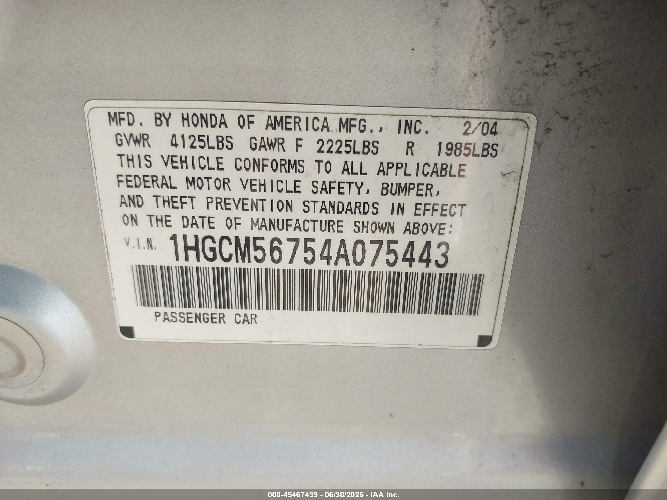 2004 Honda Accord 2.4 Ex Серый vin: 1HGCM56754A075443