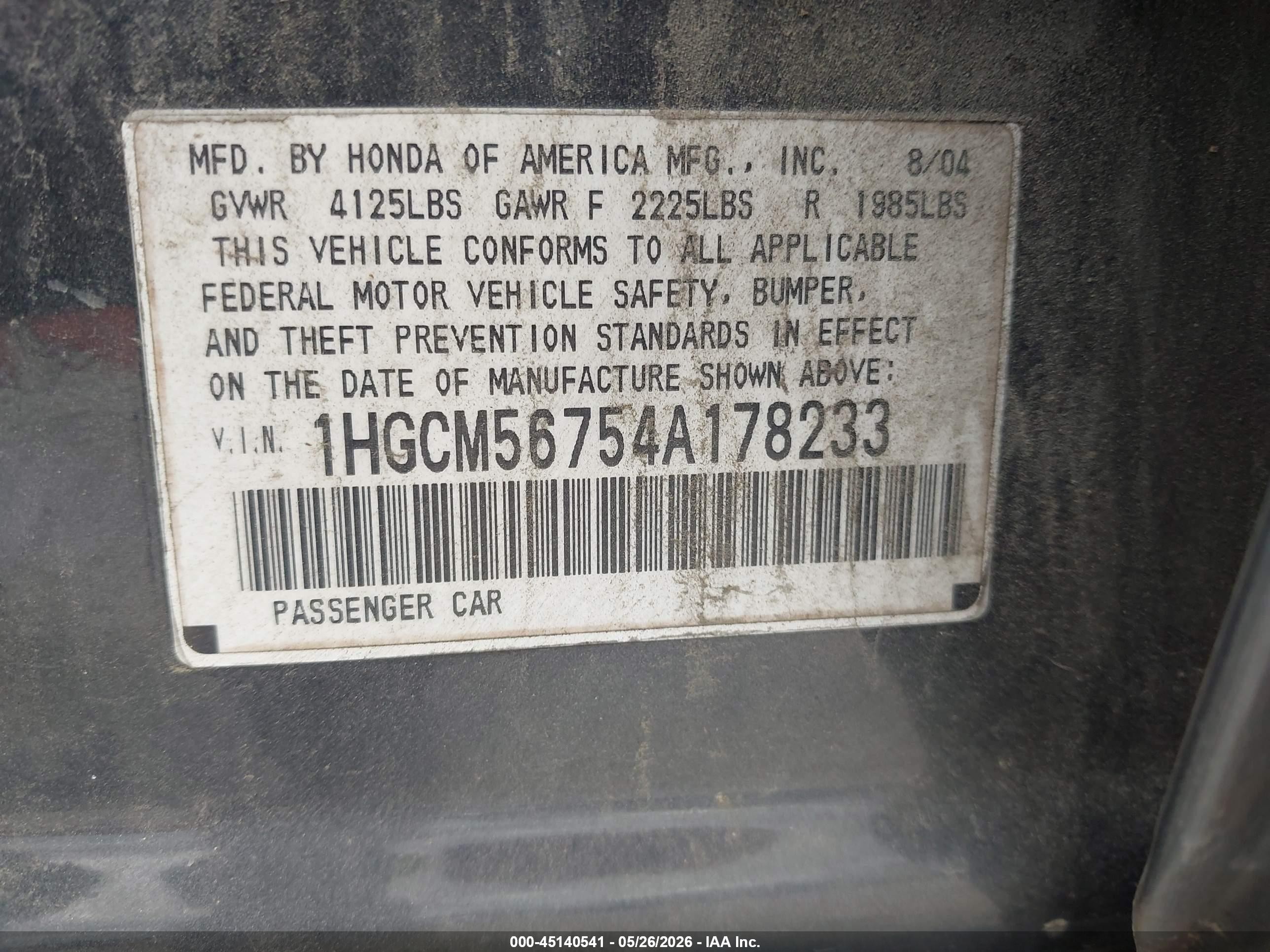 2004 Honda Accord 2.4 Ex Gray vin: 1HGCM56754A178233