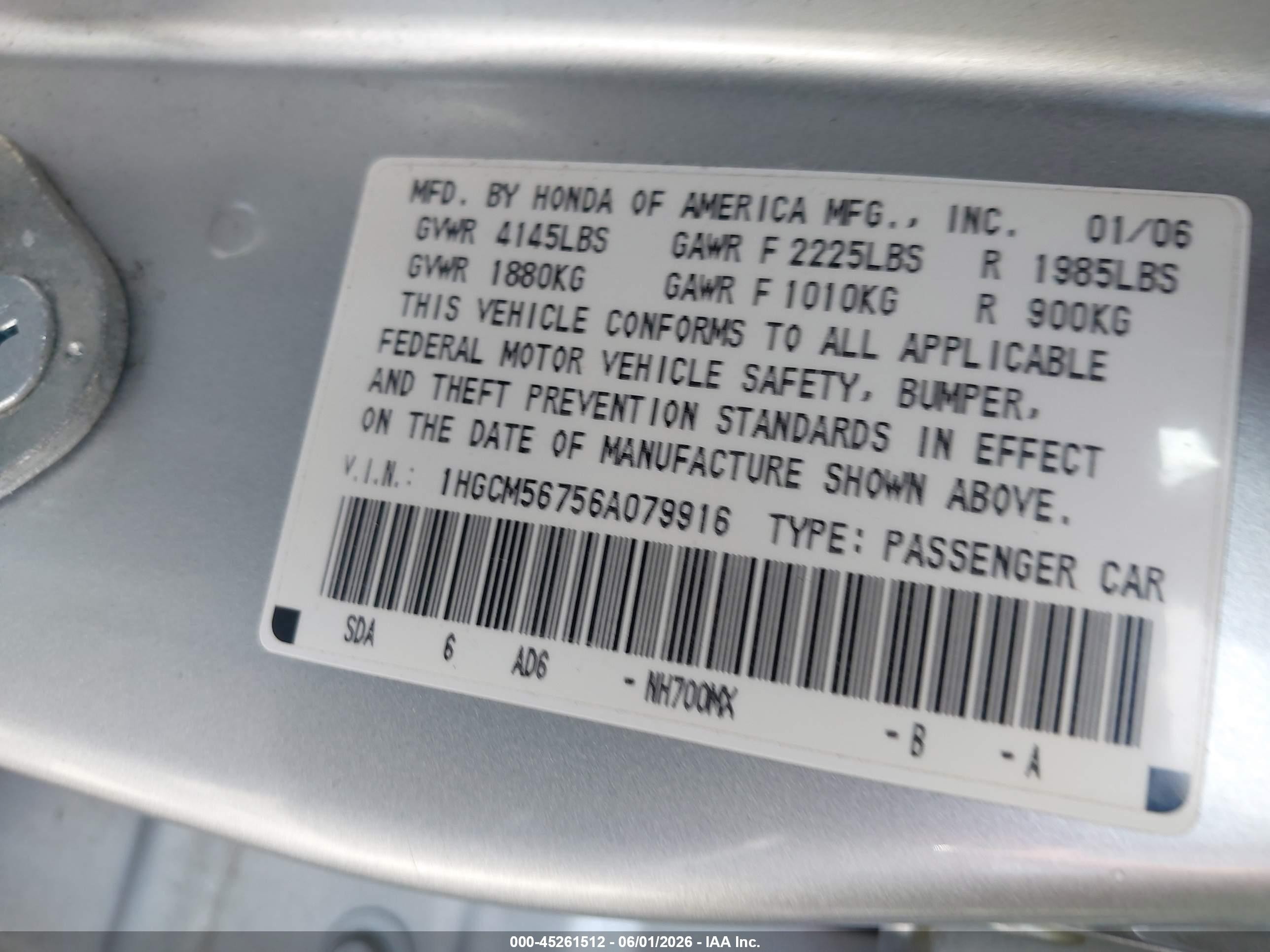 2006 Honda Accord 2.4 Ex Серебряный vin: 1HGCM56756A079916