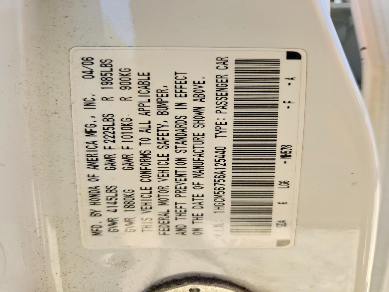 2006 Honda Accord Ex White vin: 1HGCM56756A125440