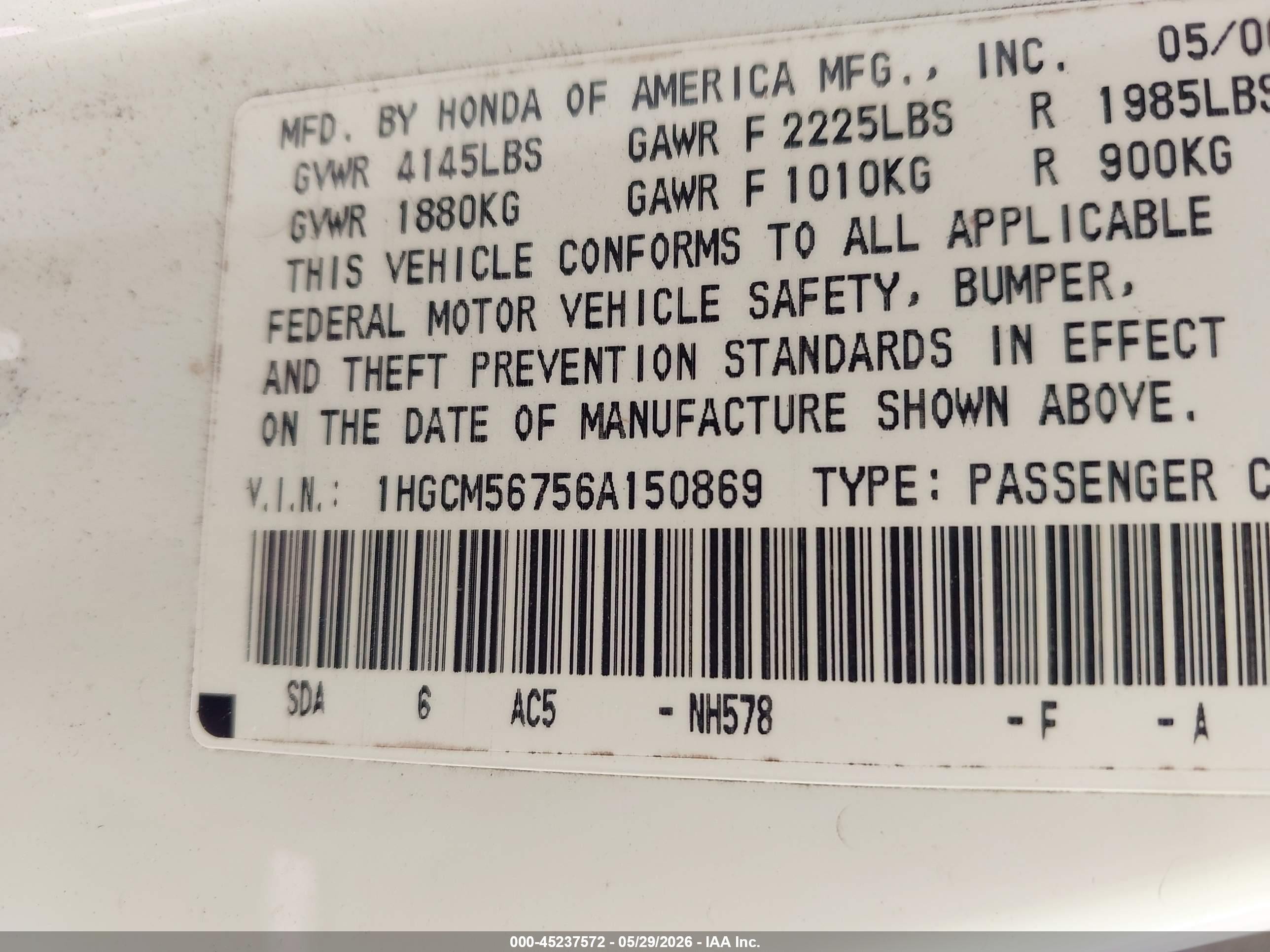 2006 Honda Accord 2.4 Ex White vin: 1HGCM56756A150869