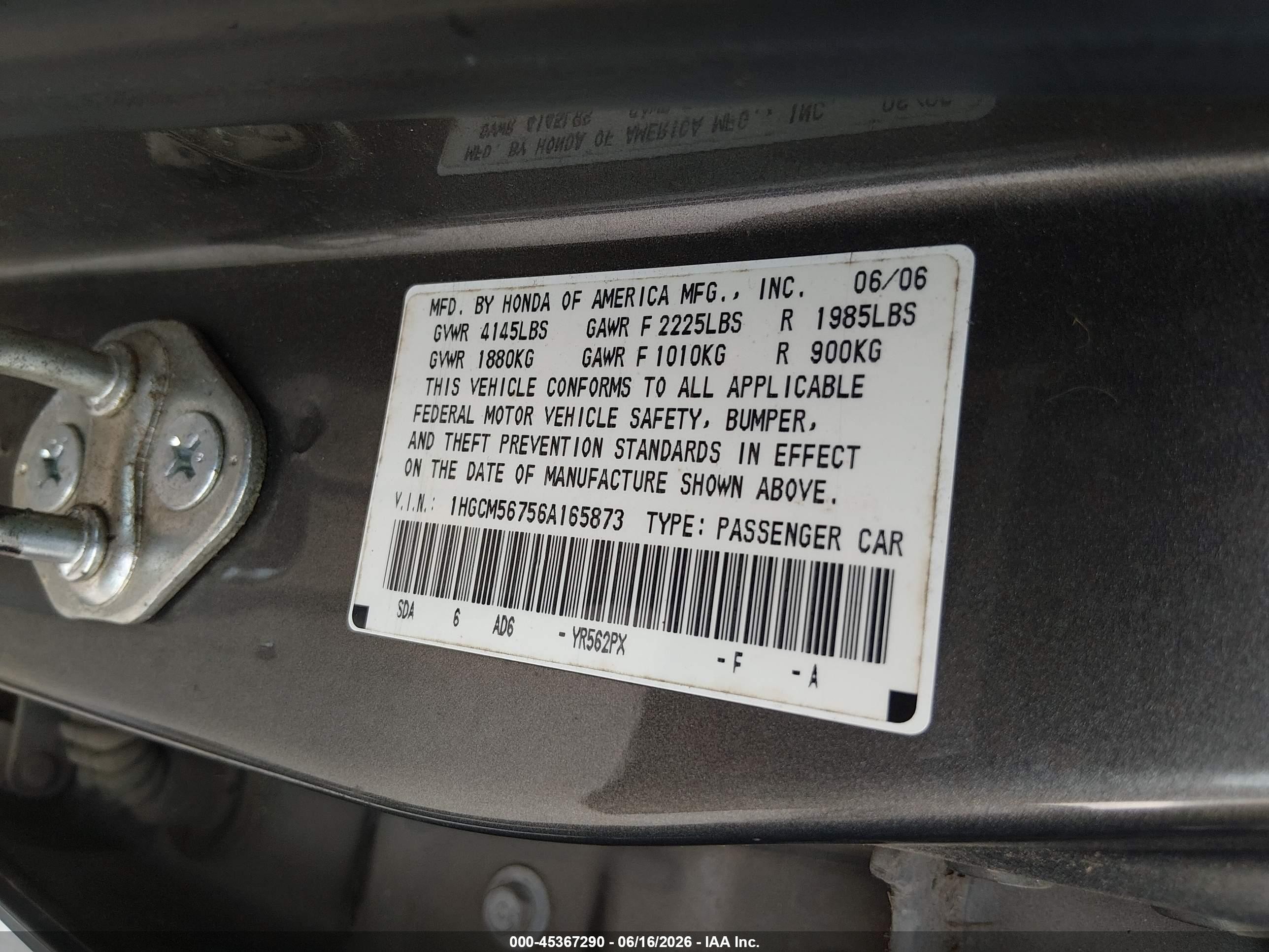 2006 Honda Accord 2.4 Ex Gray vin: 1HGCM56756A165873