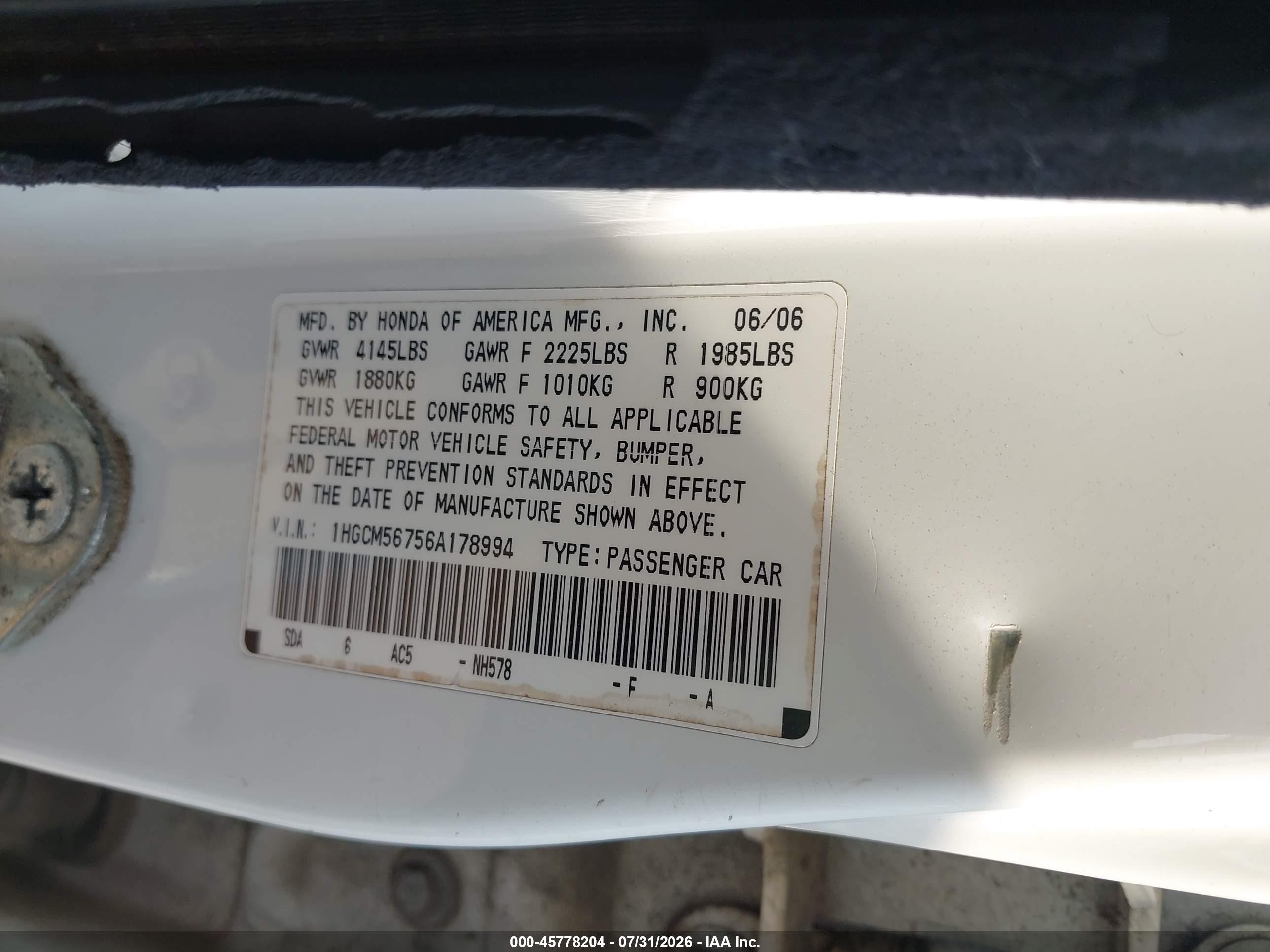 2006 Honda Accord 2.4 Ex White vin: 1HGCM56756A178994