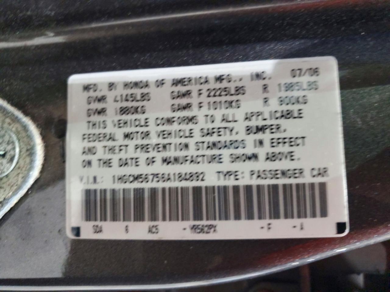 2006 Honda Accord Ex Gray vin: 1HGCM56756A184892