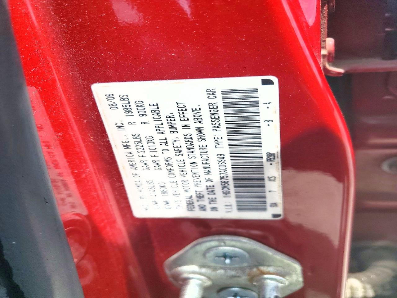 2007 Honda Accord Red vin: 1HGCM56757A006949