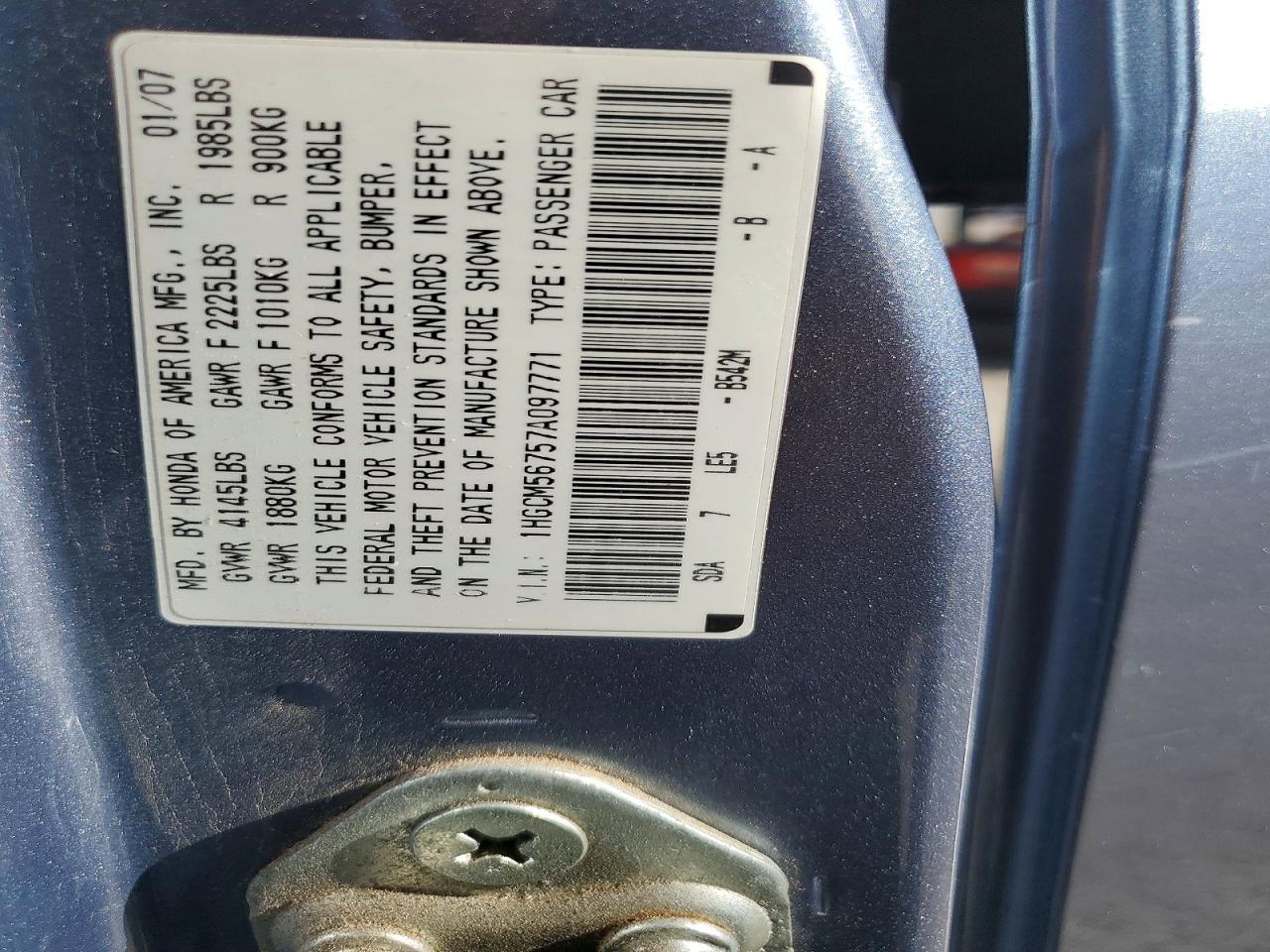 2007 Honda Accord Blue vin: 1HGCM56757A097771