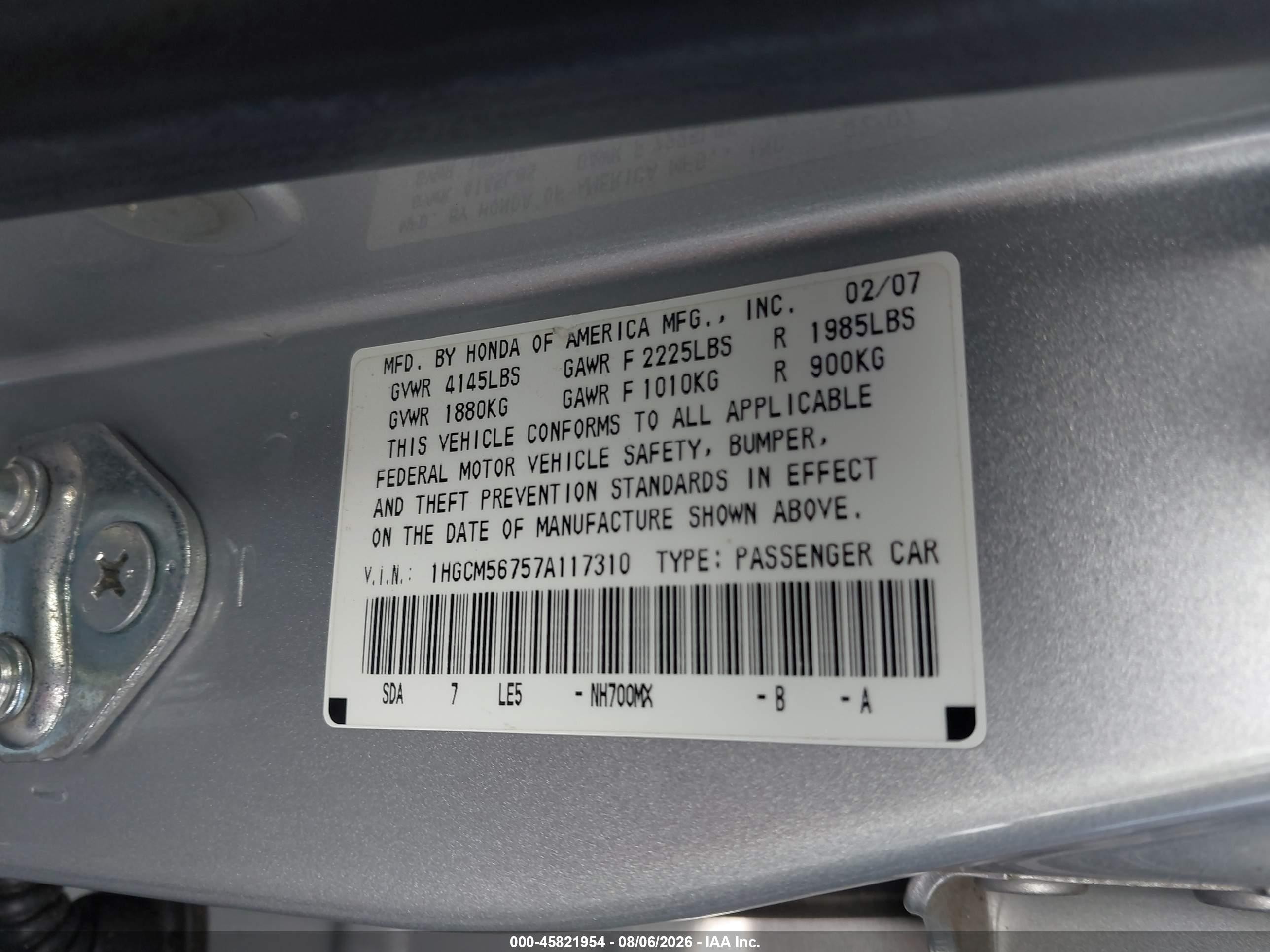 2007 Honda Accord 2.4 Ex Silver vin: 1HGCM56757A117310