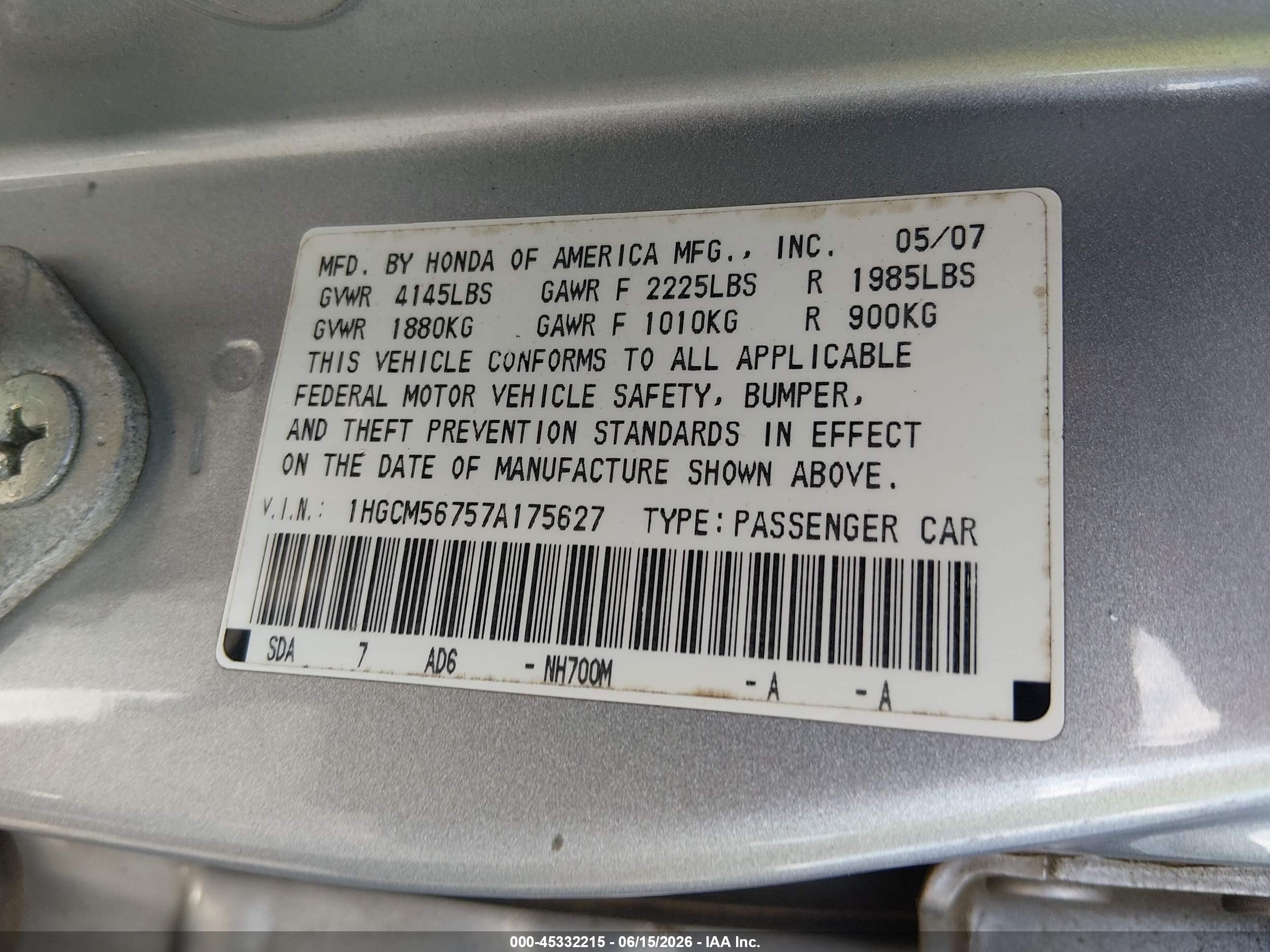 2007 Honda Accord 2.4 Ex Серебряный vin: 1HGCM56757A175627