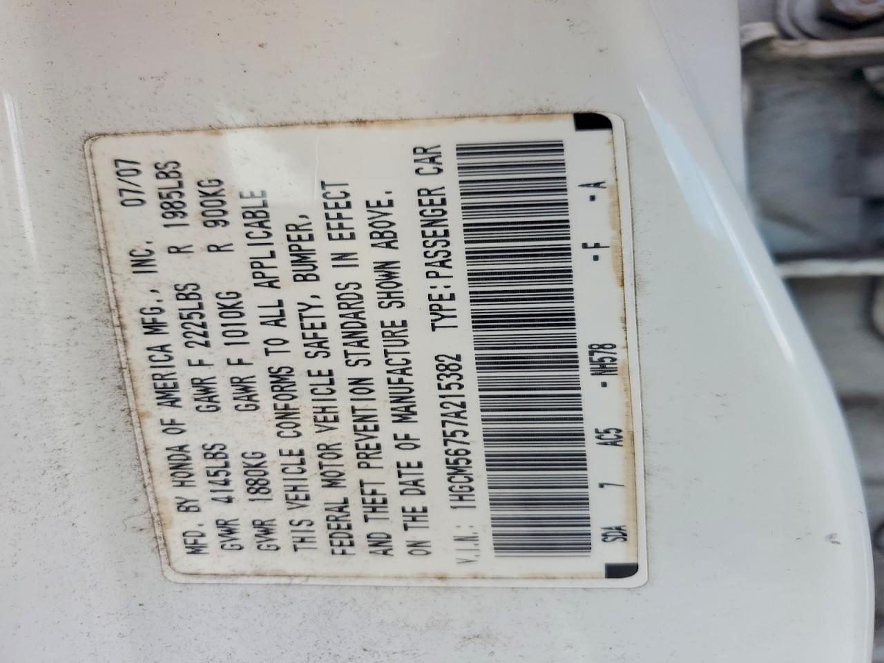 2007 Honda Accord Ex White vin: 1HGCM56757A215382